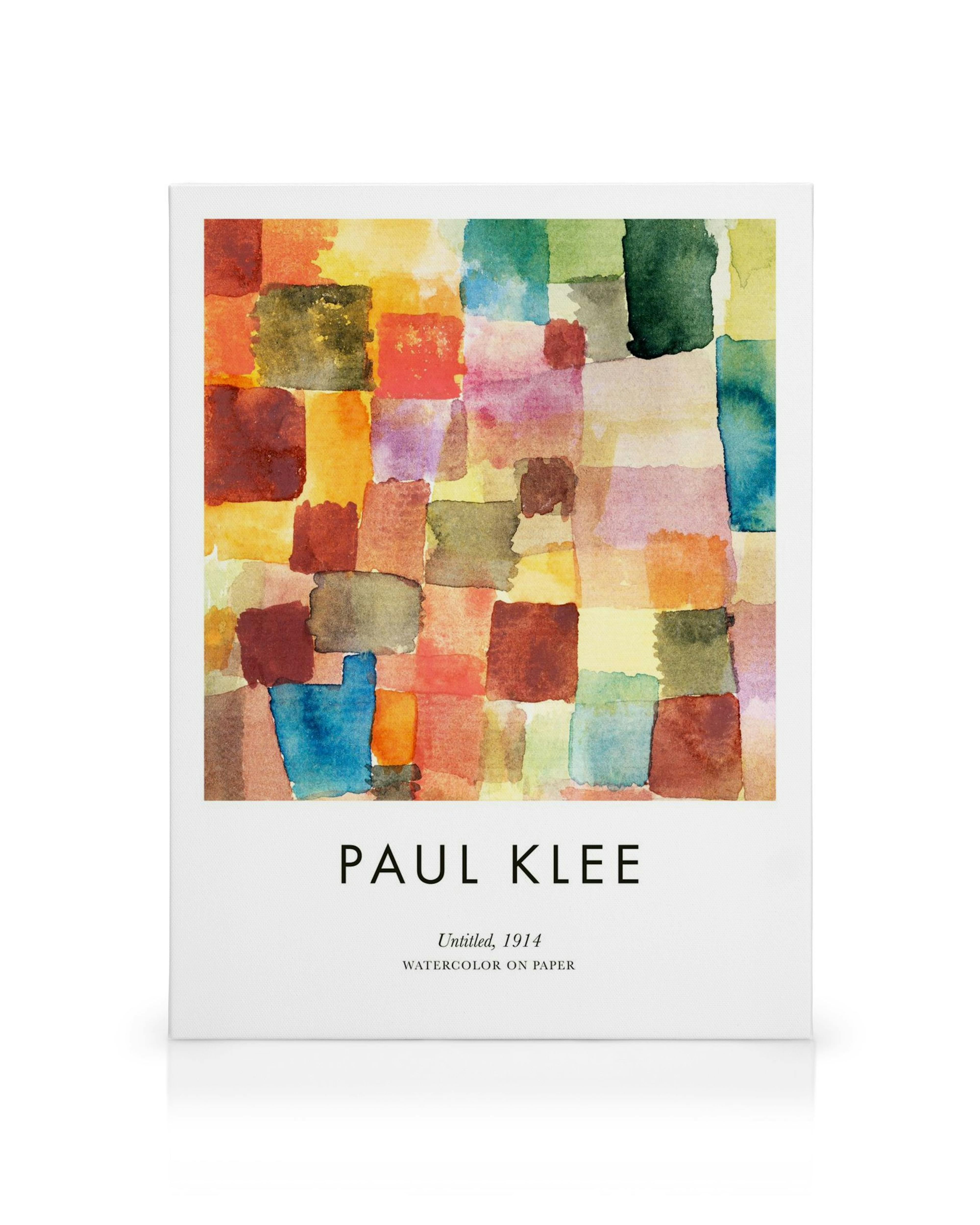 Paul Klee lærred, Untitled, 1914. Abstrakt maleri med akvarelfarvede firkanter i jordnære toner og blå nuancer.