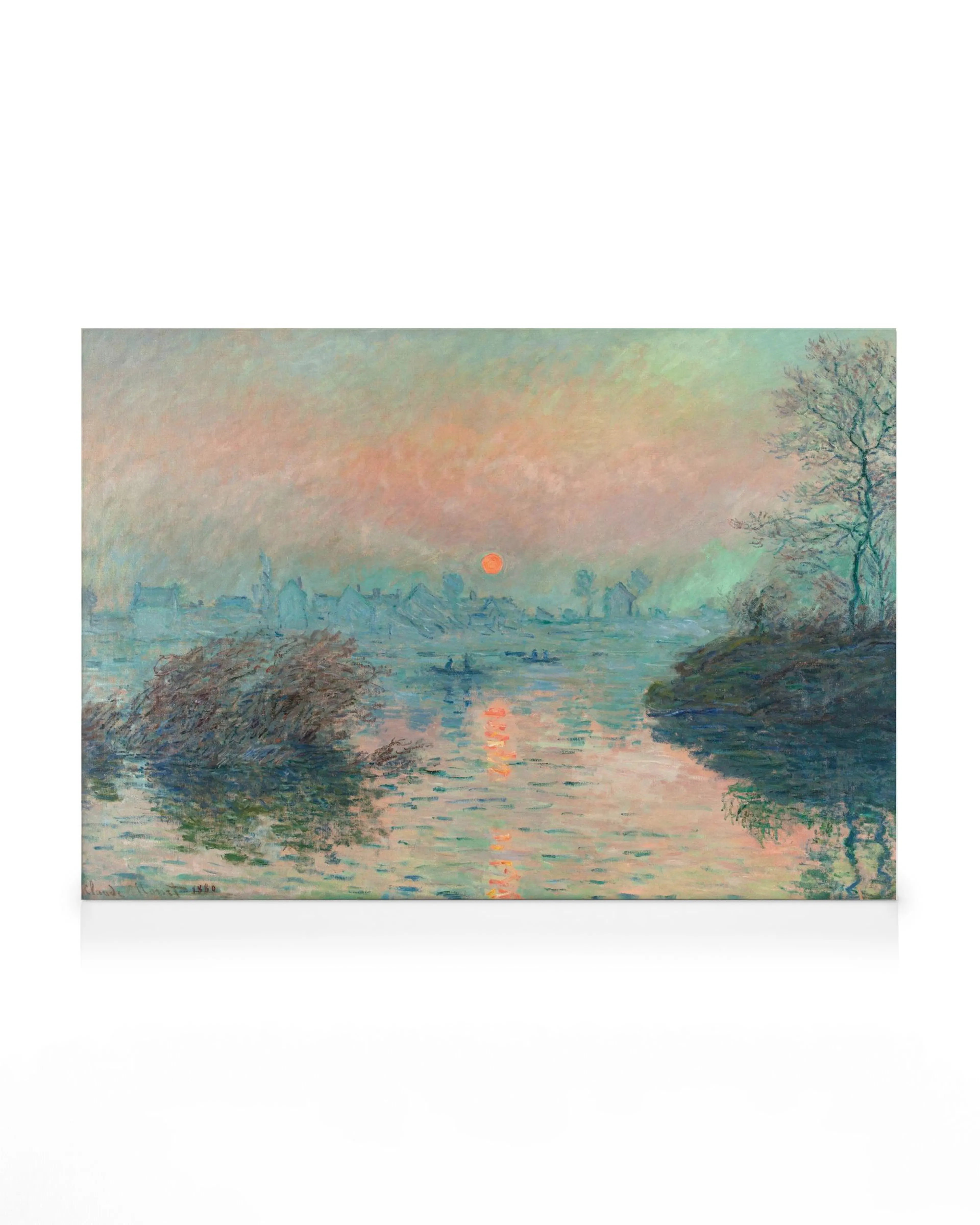 Pintura impresionista de atardecer en el Sena por Monet. Tonos suaves de rosa, azul y naranja se reflejan en el agua con silueta