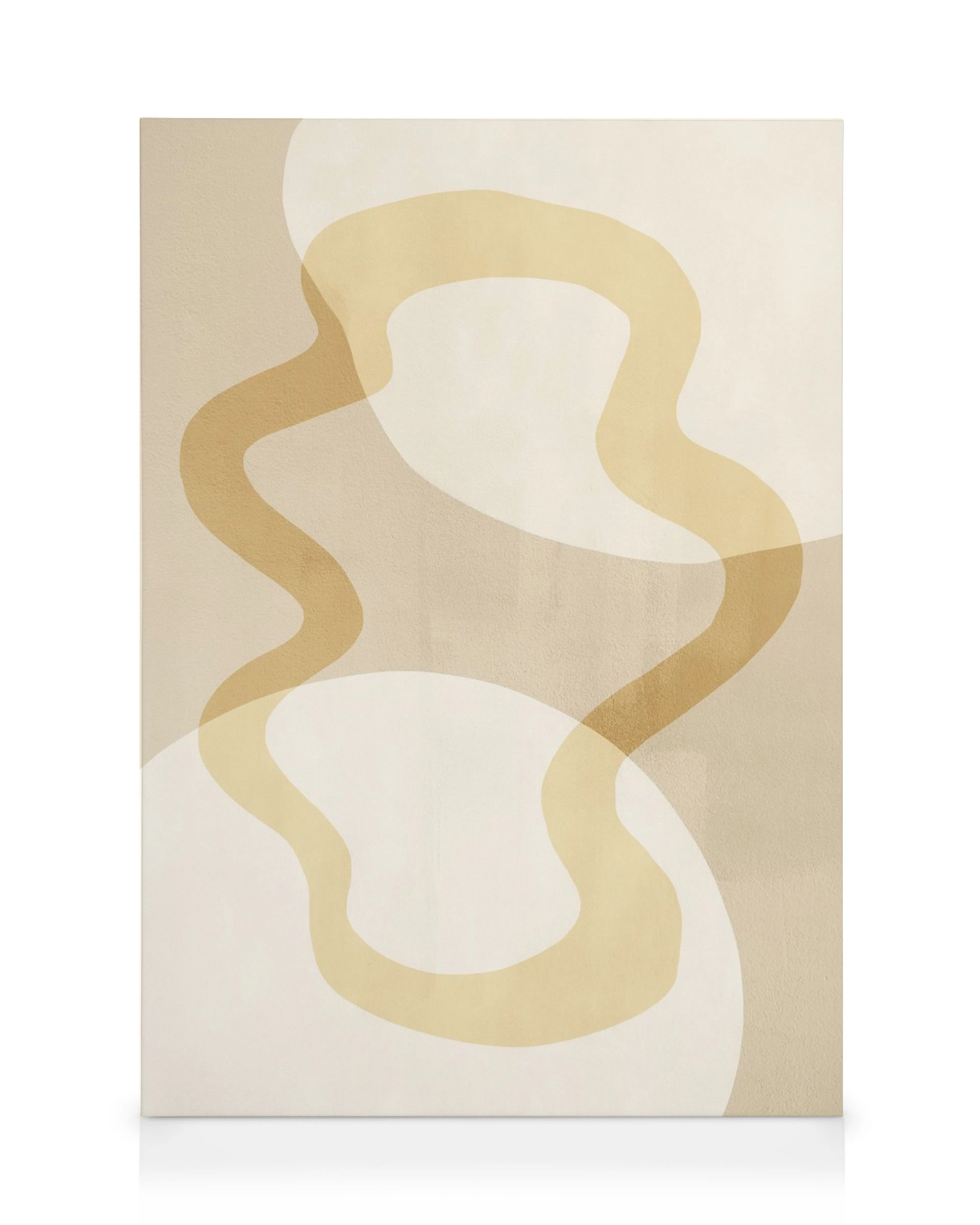 Abstract canvas print featuring wavy gold and white lines on a beige background, connecting organic shapes. Modern wall art.