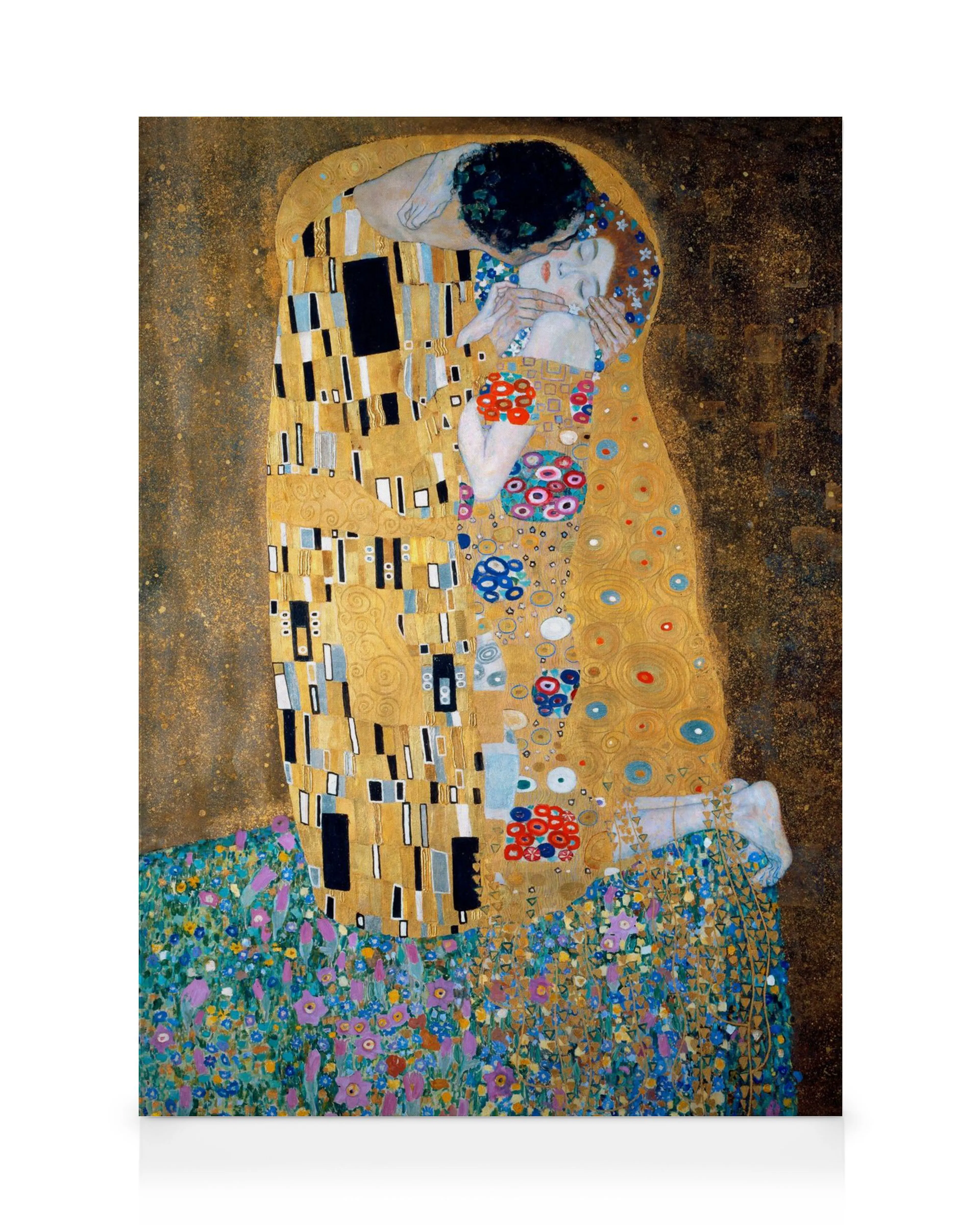 Gustav Klimt Der Kuss Leinwandbild, goldfarbenes, verziertes Paar auf Blumenwiese