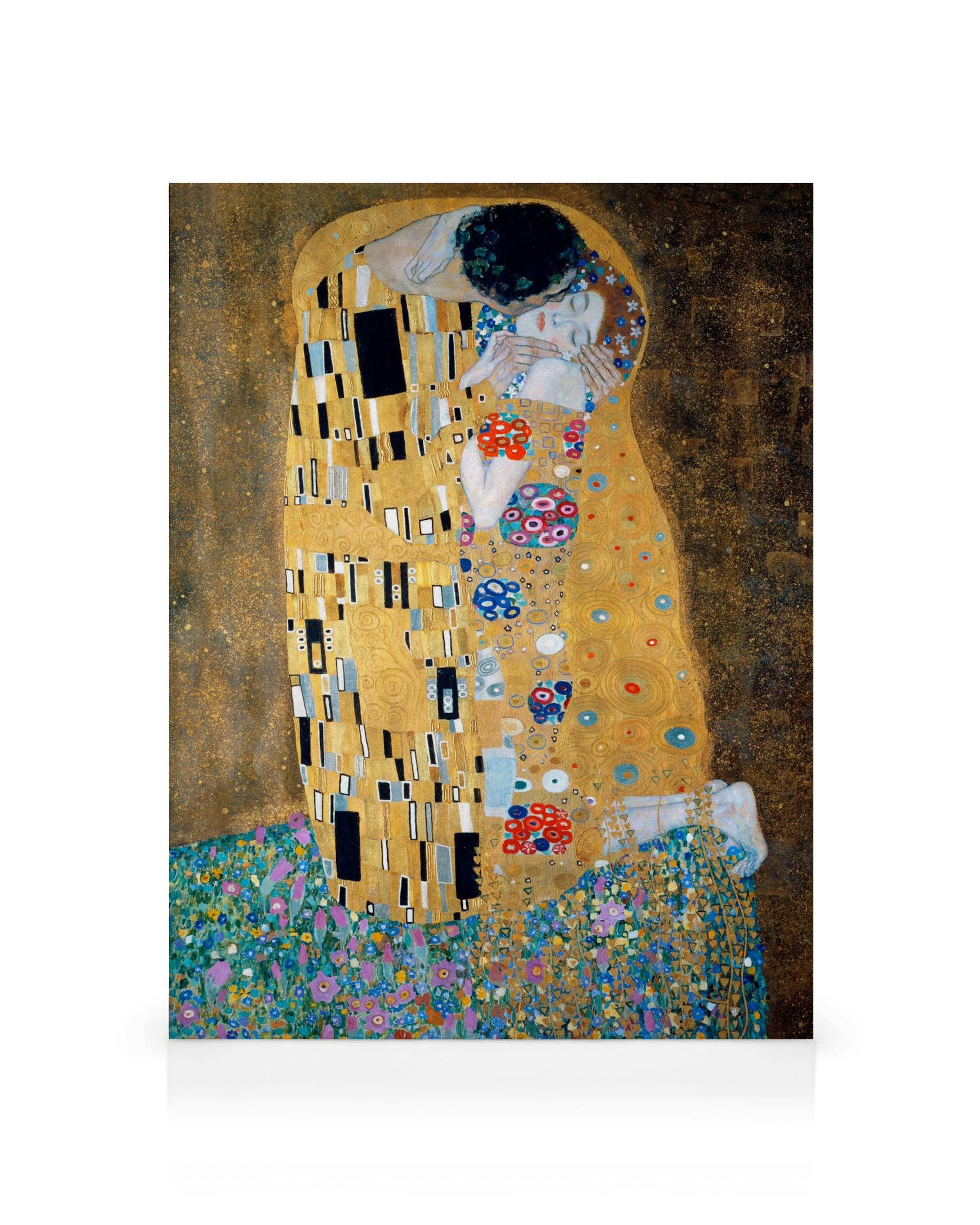 Gustav Klimt Der Kuss Leinwandbild, goldfarbenes, verziertes Paar auf Blumenwiese