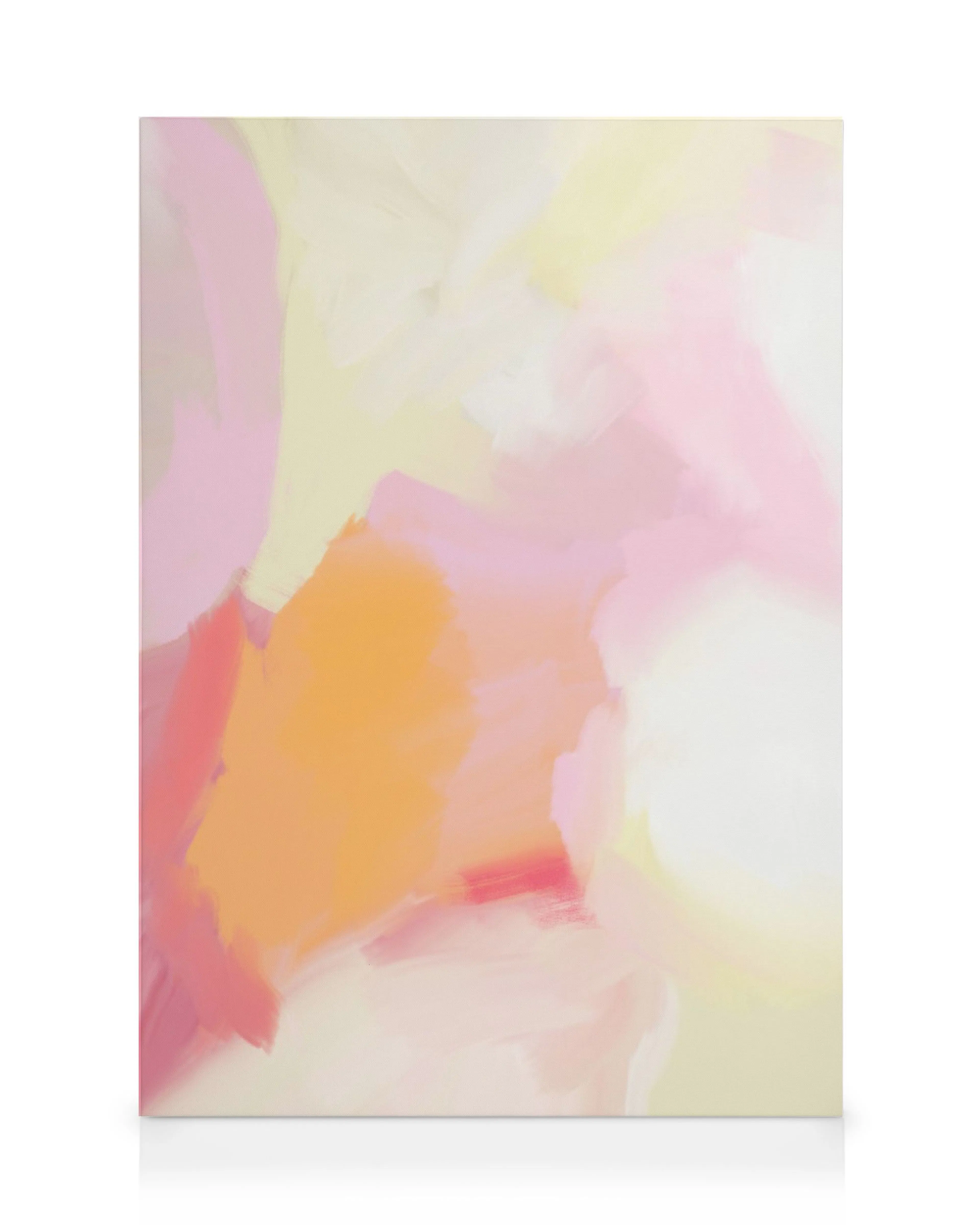 Toile abstraite aux tons pastel rose, jaune, orange et rouge sur fond blanc doux, peinture acrylique.
