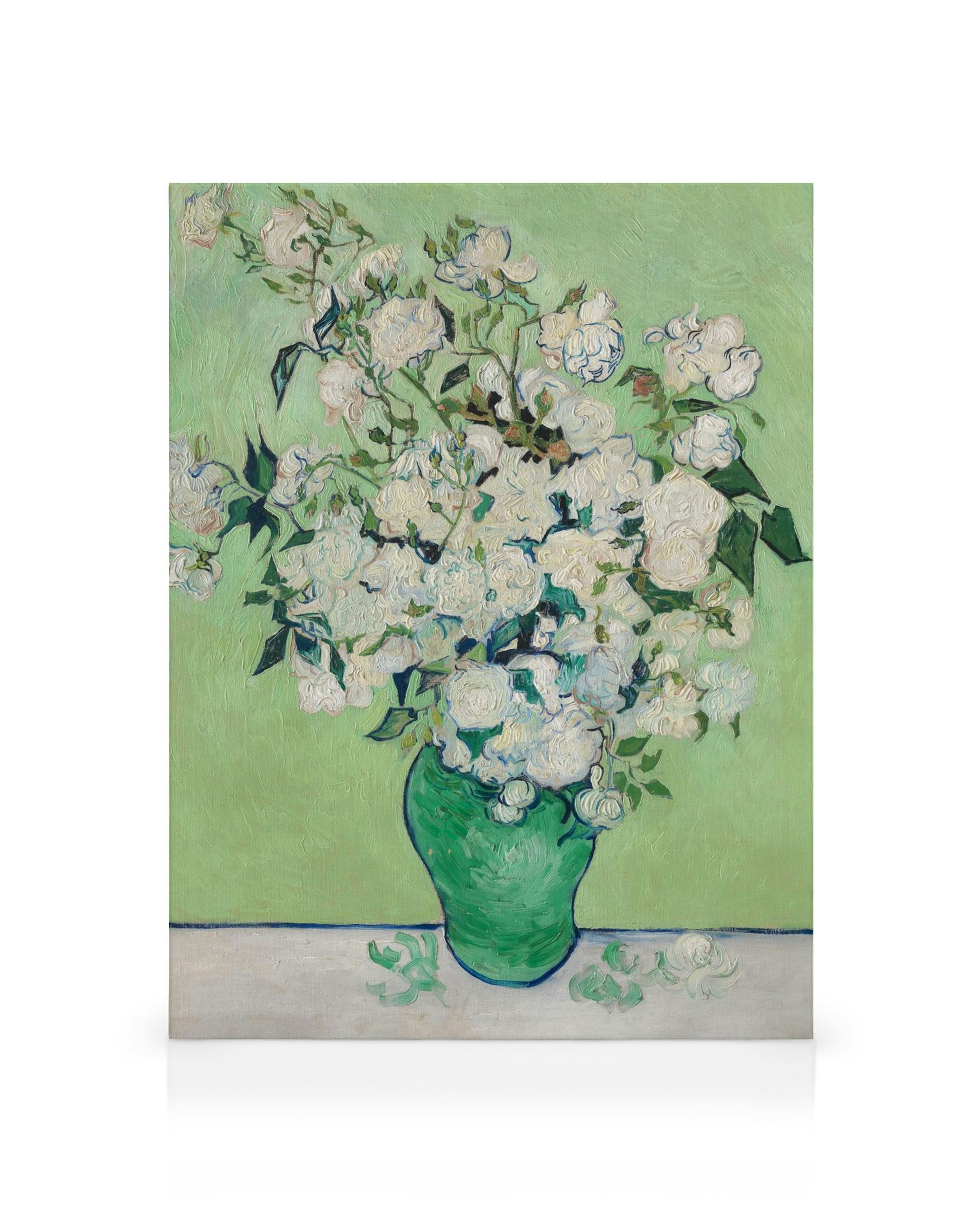 Van Goghs Roses painting, white roses in a green vase on a light green background, vibrant floral canvas print.