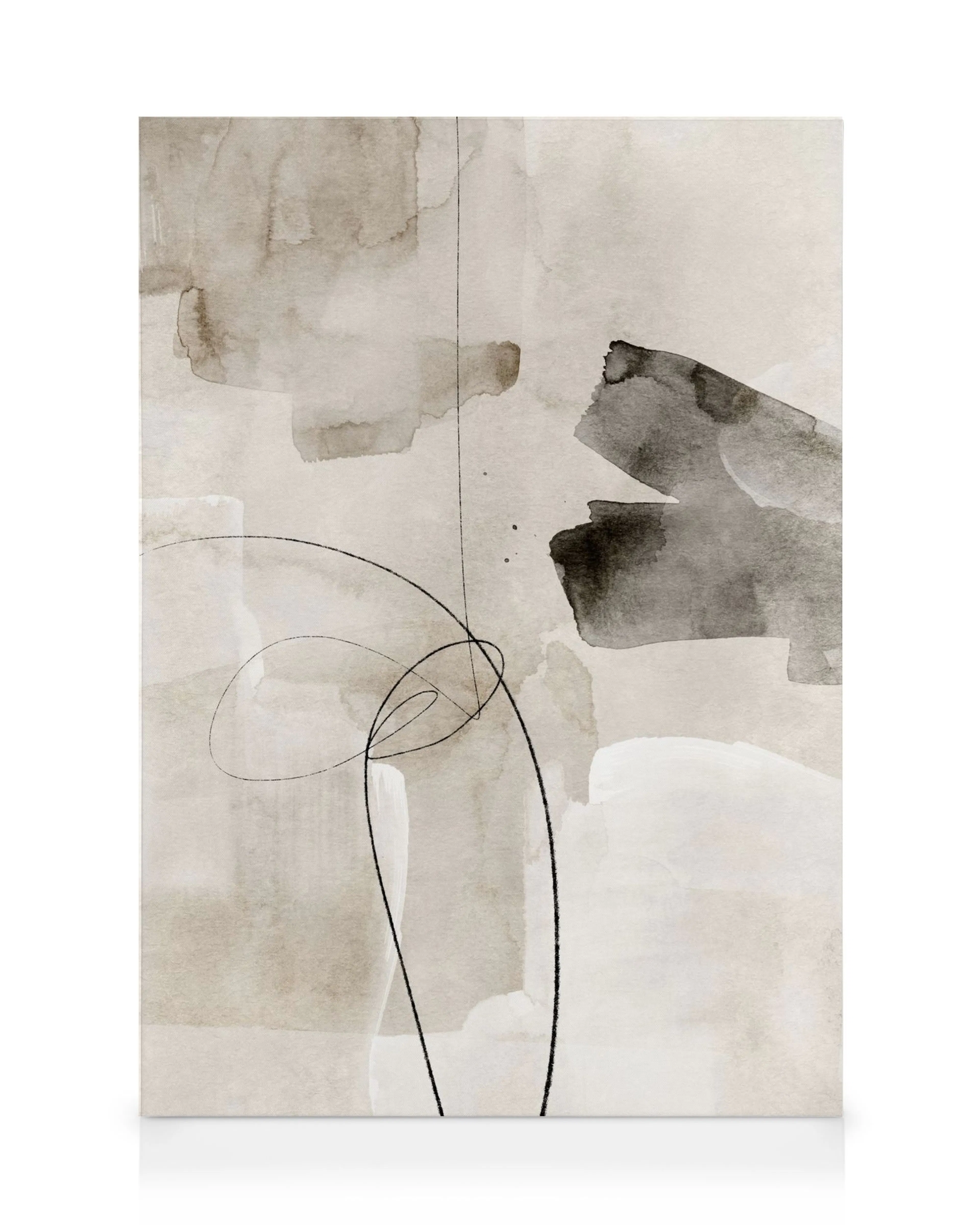 Aquarell-Leinwandbild mit erdigen Farbspritzern und organischen schwarzen Linien, die fließende Formen bilden.