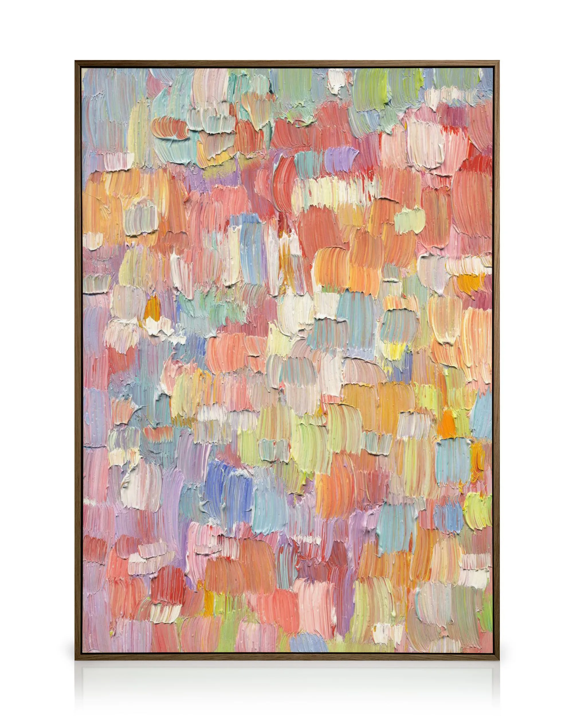 Colorful abstract canvas print with thick, impasto brushstrokes in vibrant pastel shades of pink, orange, green, and blue.