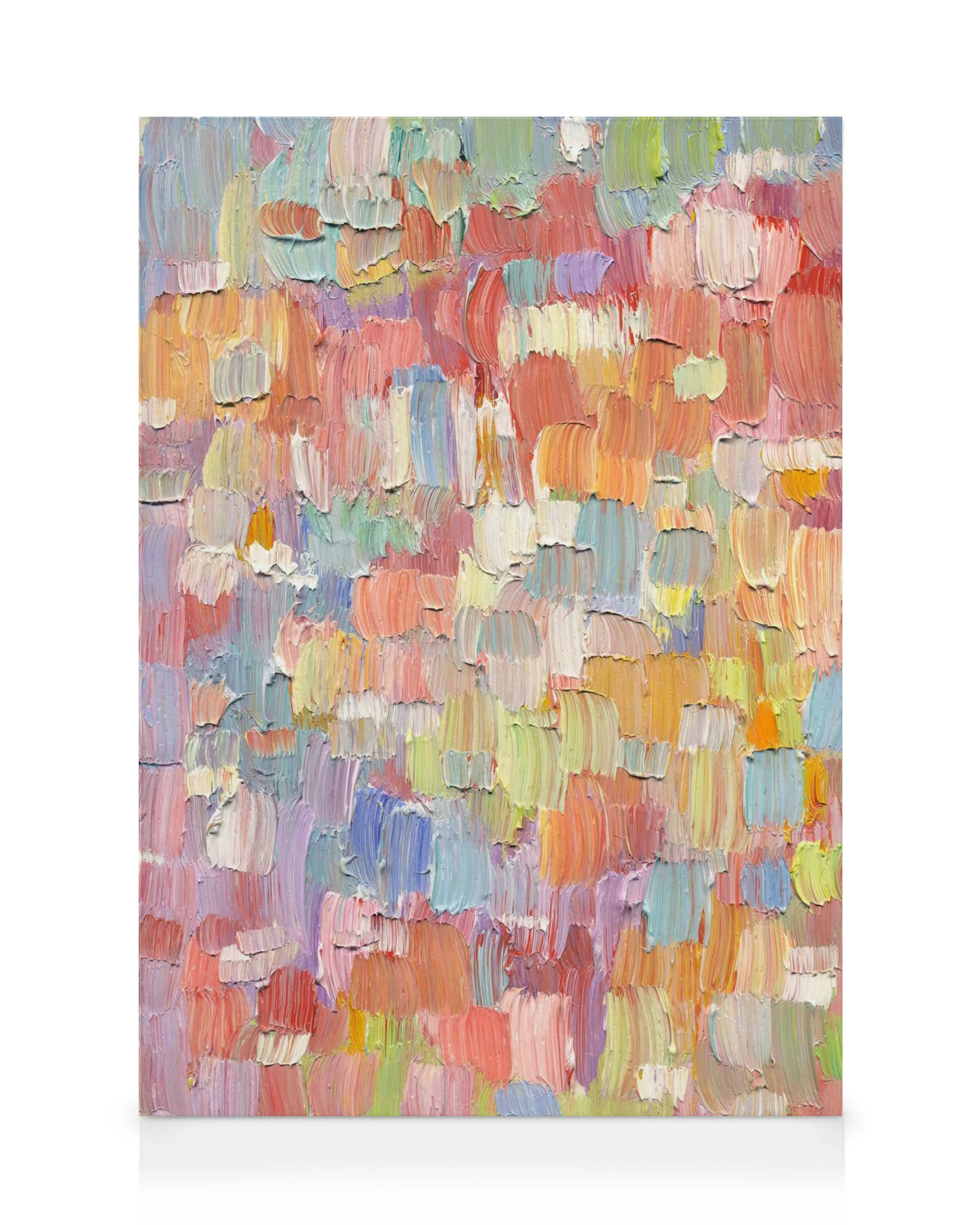 Abstract canvas print with thick, multi-directional brushstrokes in pink, blue, orange, and white for home decor.