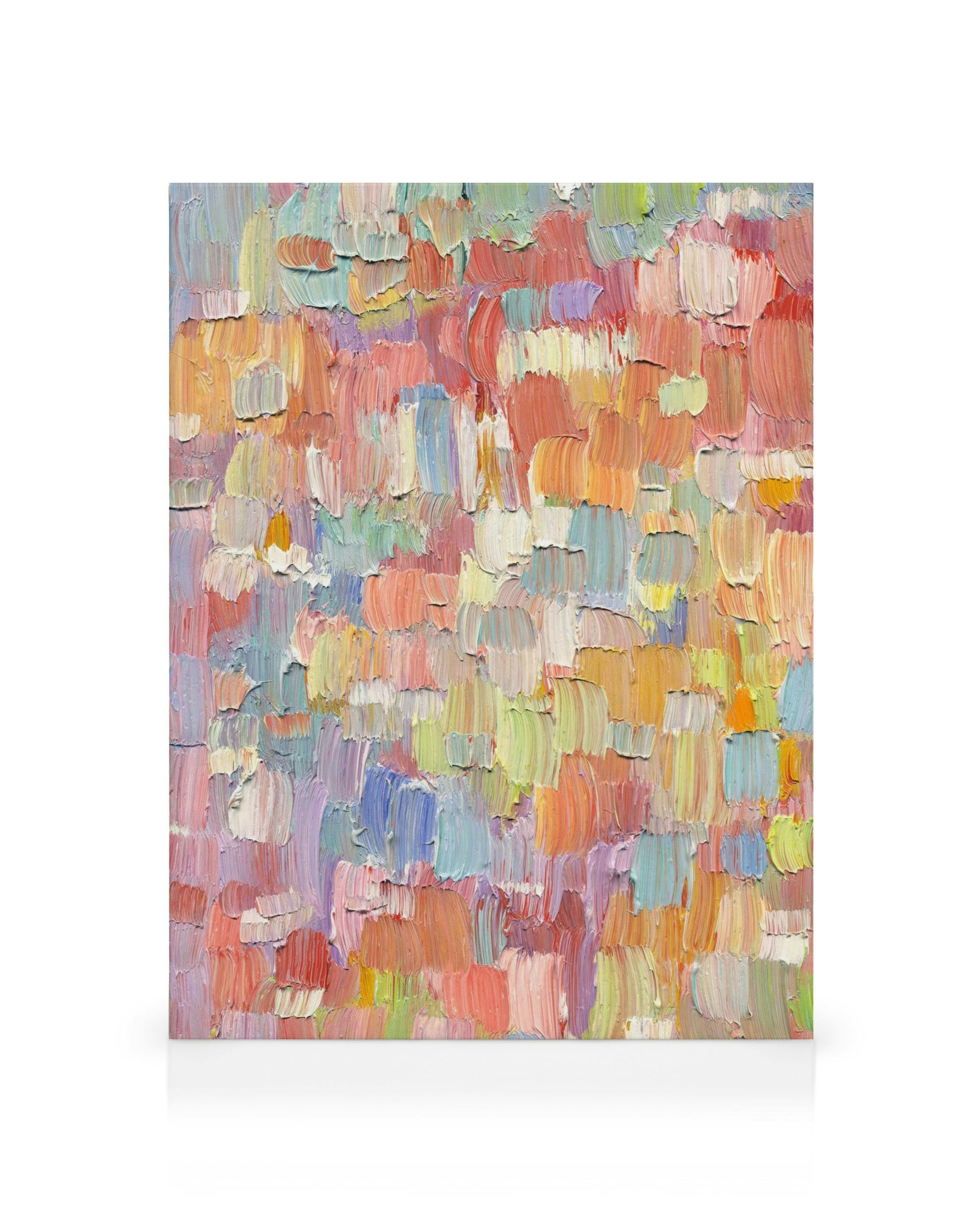 Abstract canvas print with colorful layered brushstrokes in pink, blue, orange, and white for modern decor.