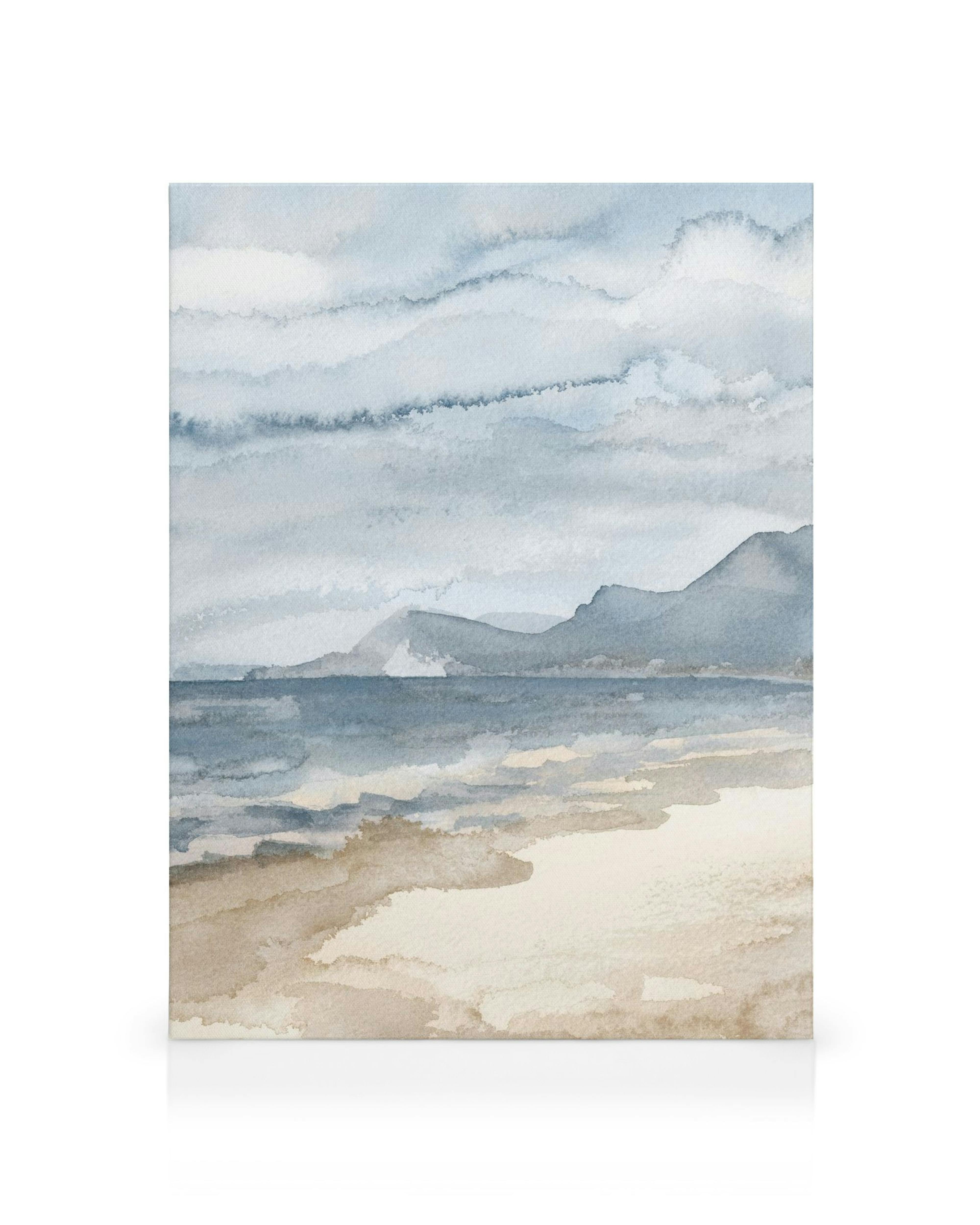 Watercolor seaside canvas print featuring a serene beach scene with calm blue waters, distant mountains, and a sandy shore under