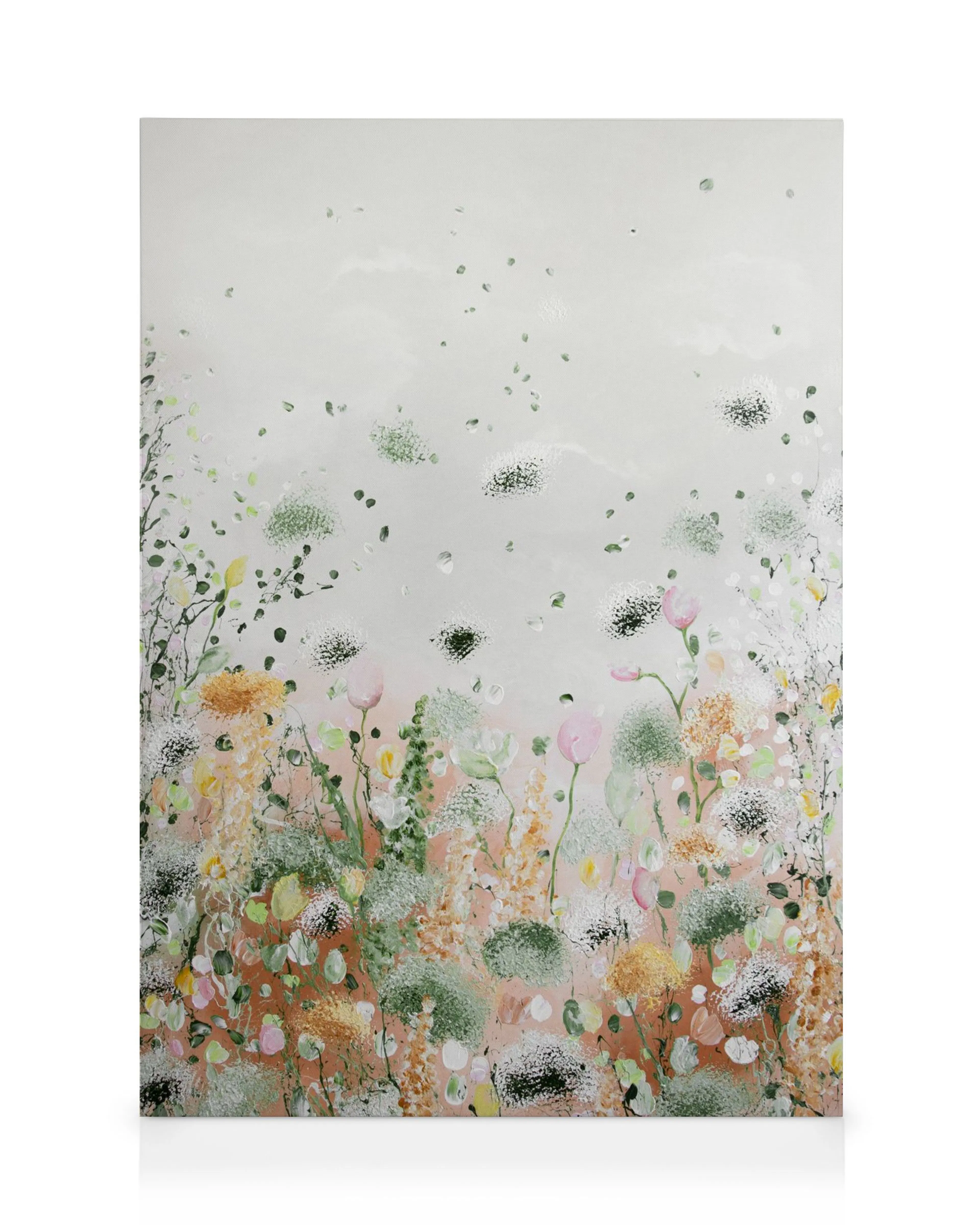 Leinwandbild mit pastellfarbenen Blumen, grünen Blättern und goldenen Akzenten auf hellem Hintergrund, Nuovo Inzio