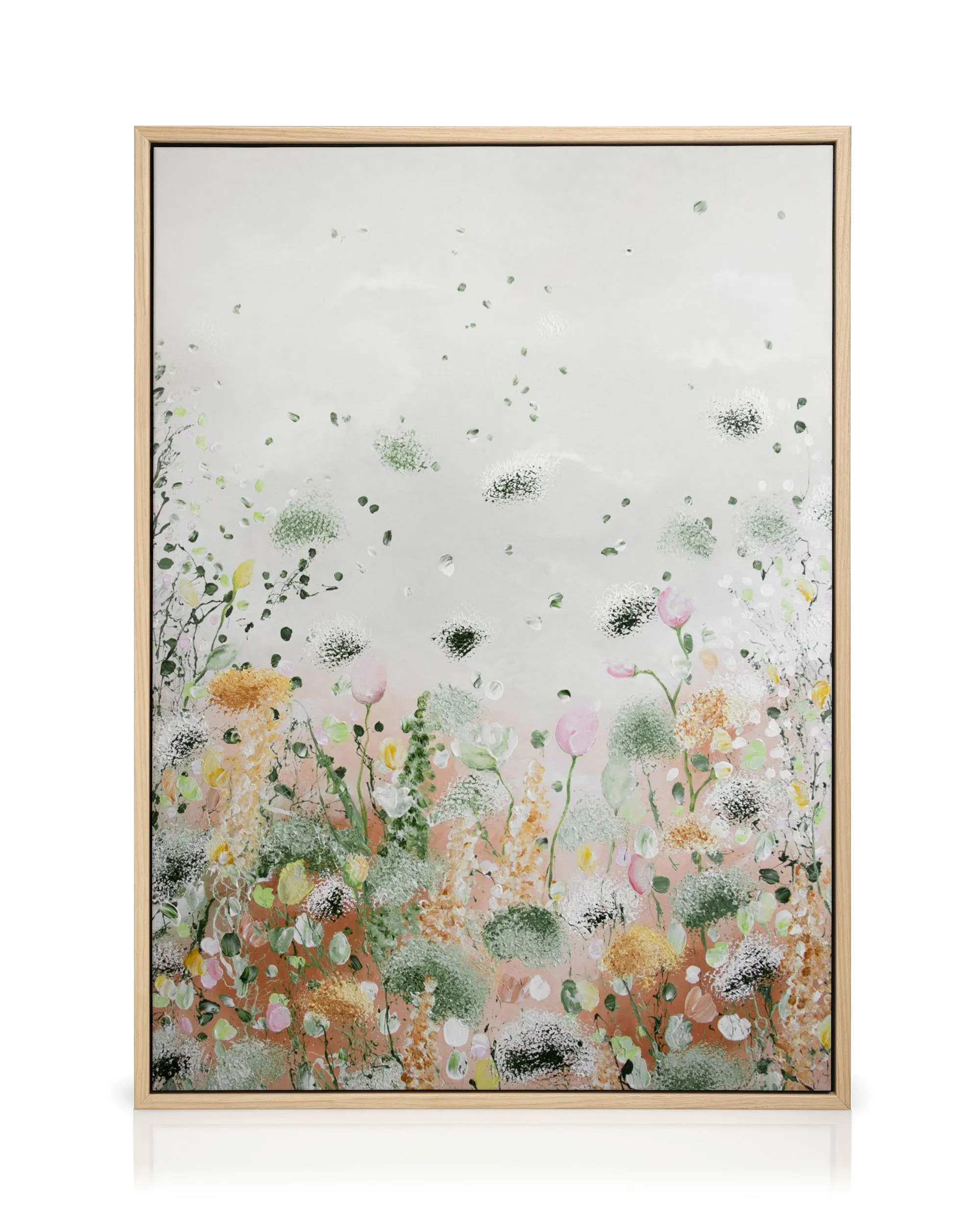 Toile abstraite Nuovo Inzio avec éclaboussures vertes, roses et oranges, créant des fleurs et plantes sur fond blanc