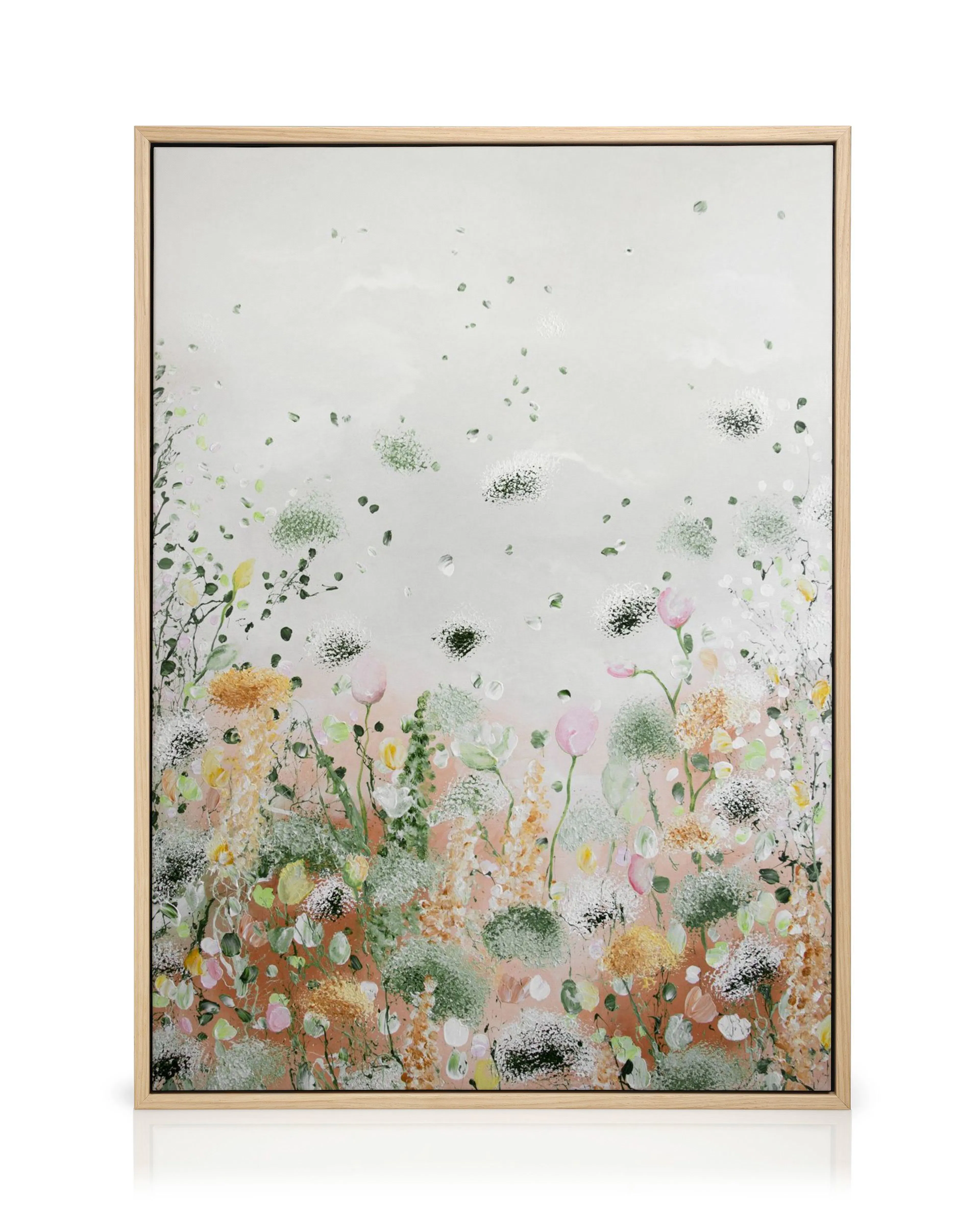 Abstract canvas print with green, pink, and orange splashes forming textured flowers and plants on a white background.