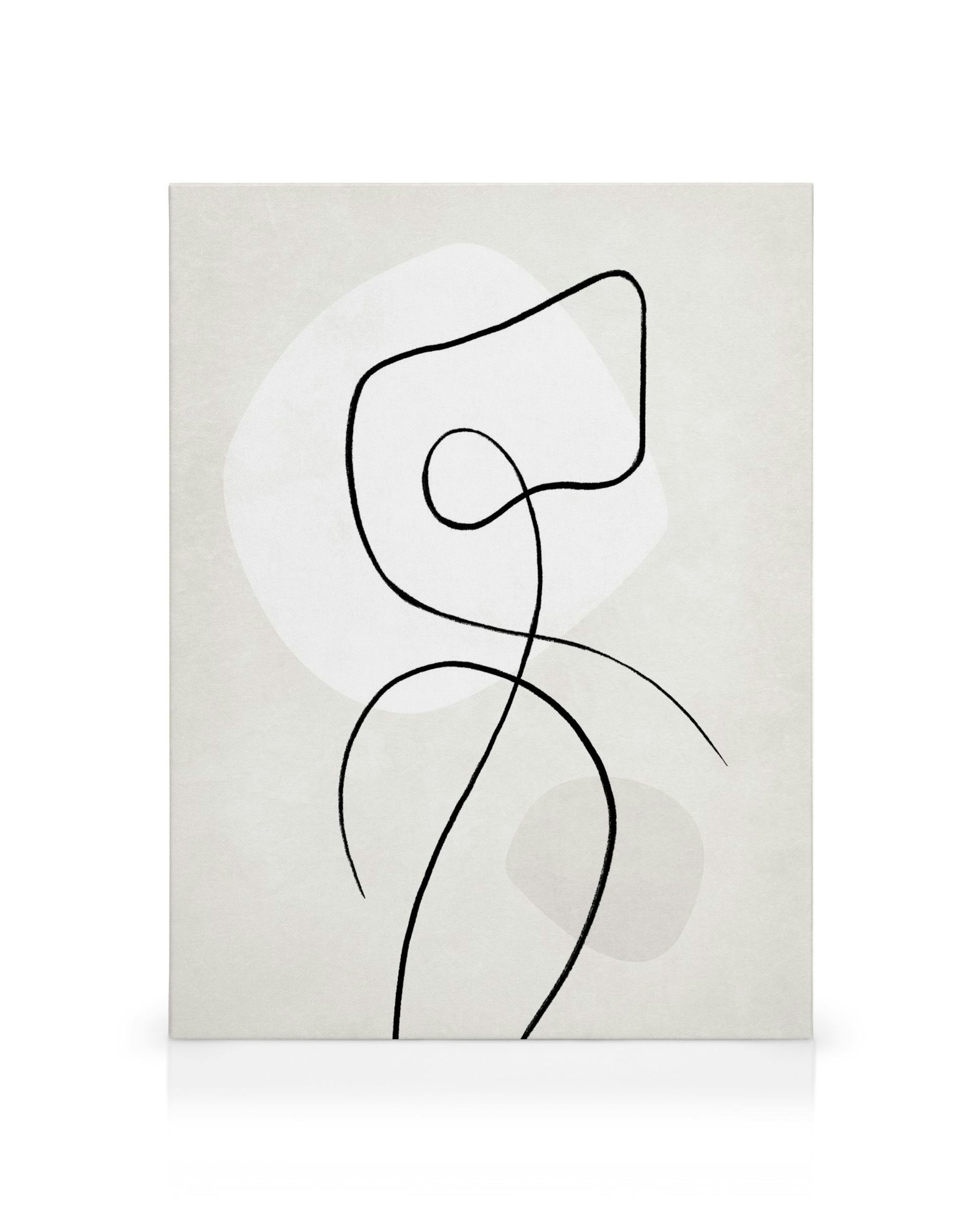 Minimalist canvas print with a single black line forming an abstract shape on a beige background with a light grey circle.