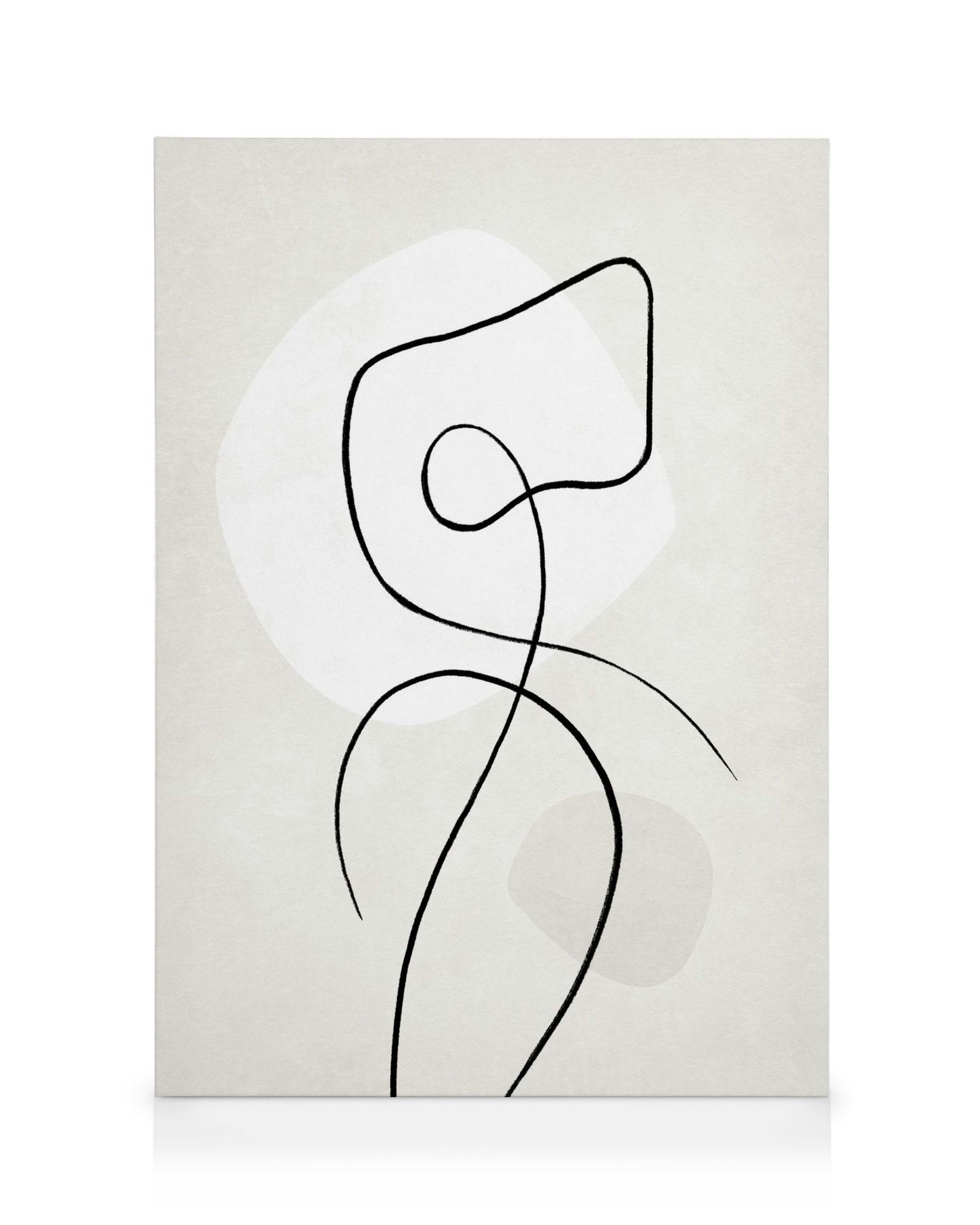 Lerret med svarte, slyngende linjer på lys grå bakgrunn og myke former.
