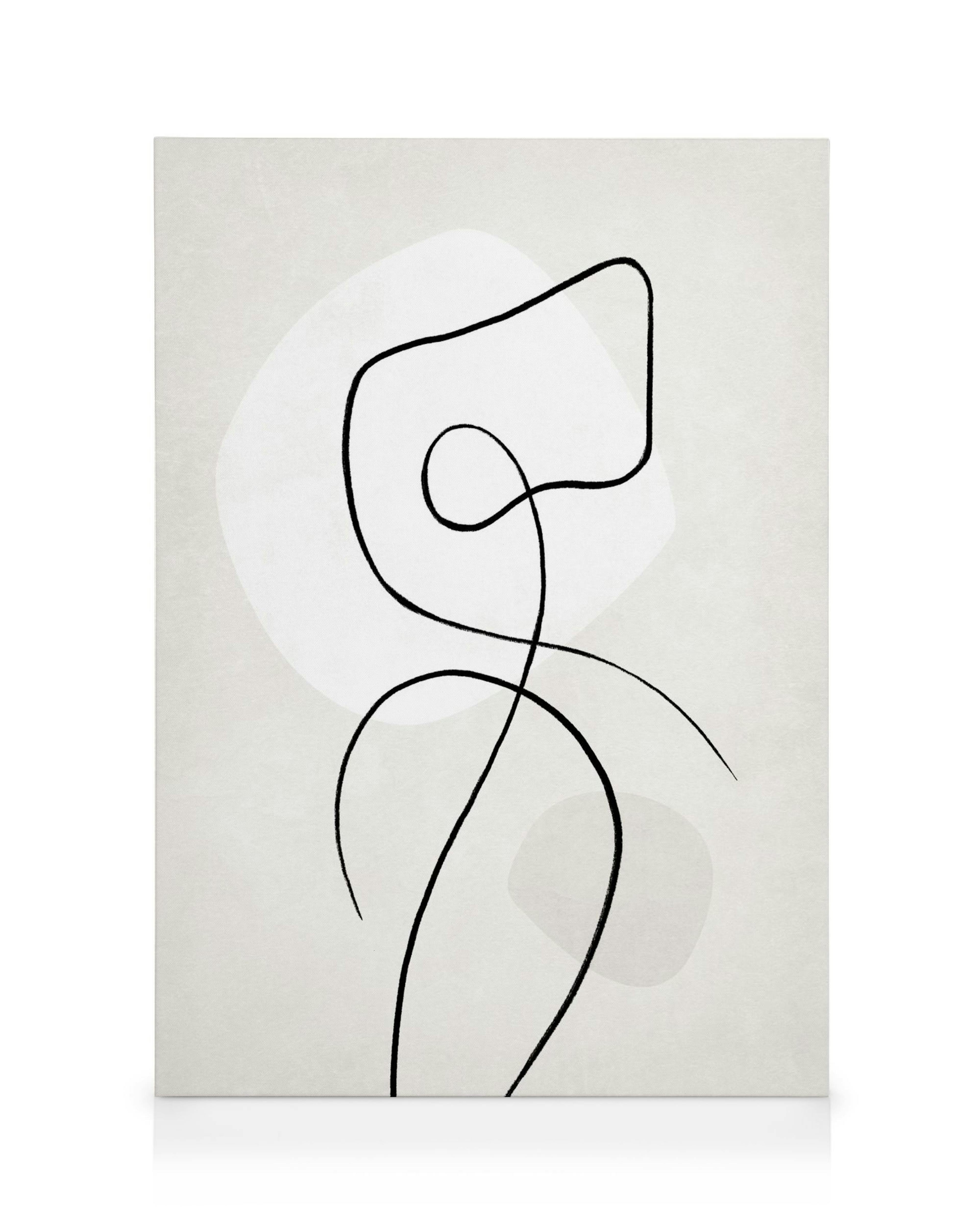 Lerret med svarte, slyngende linjer på lys grå bakgrunn og myke former.