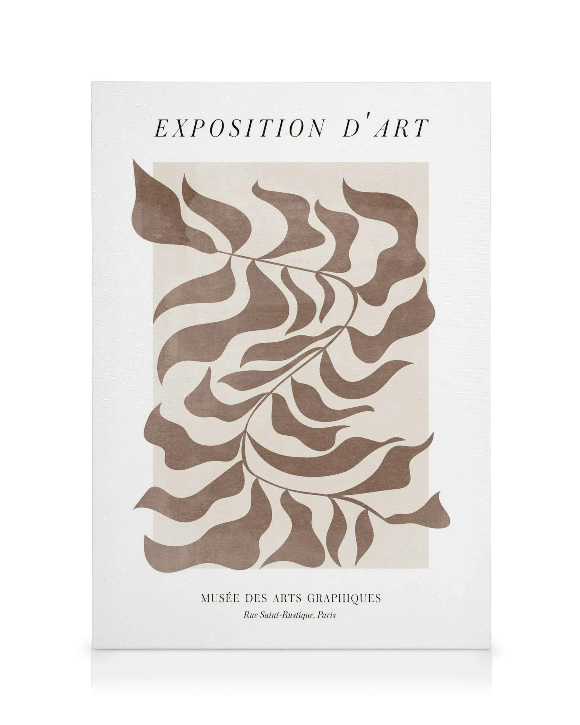 Exposition Dart Graphique No1 canvas print with brown organic leaf shapes on a beige background.