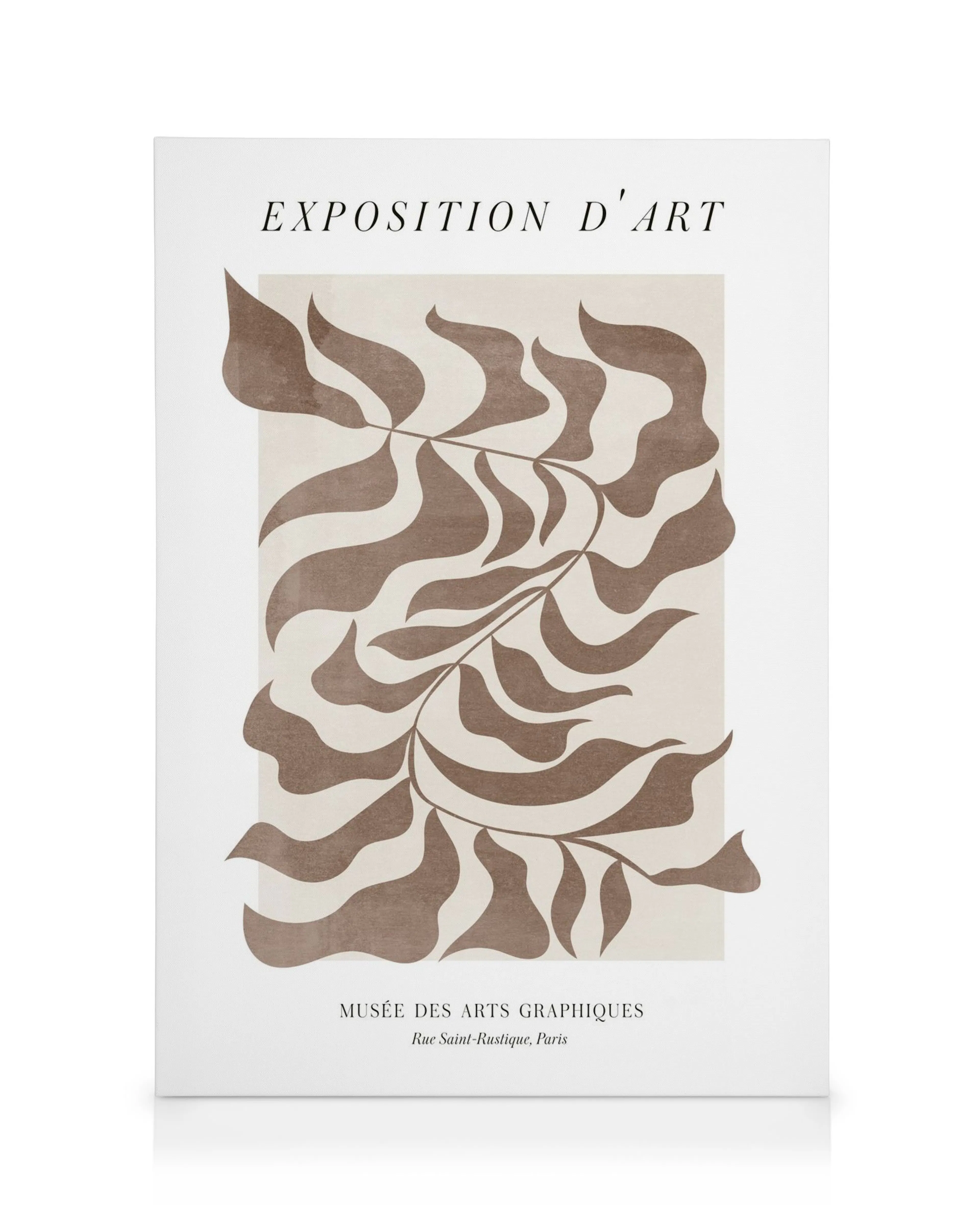 Exposition Dart Graphique No1 canvas print with brown organic leaf shapes on a beige background.