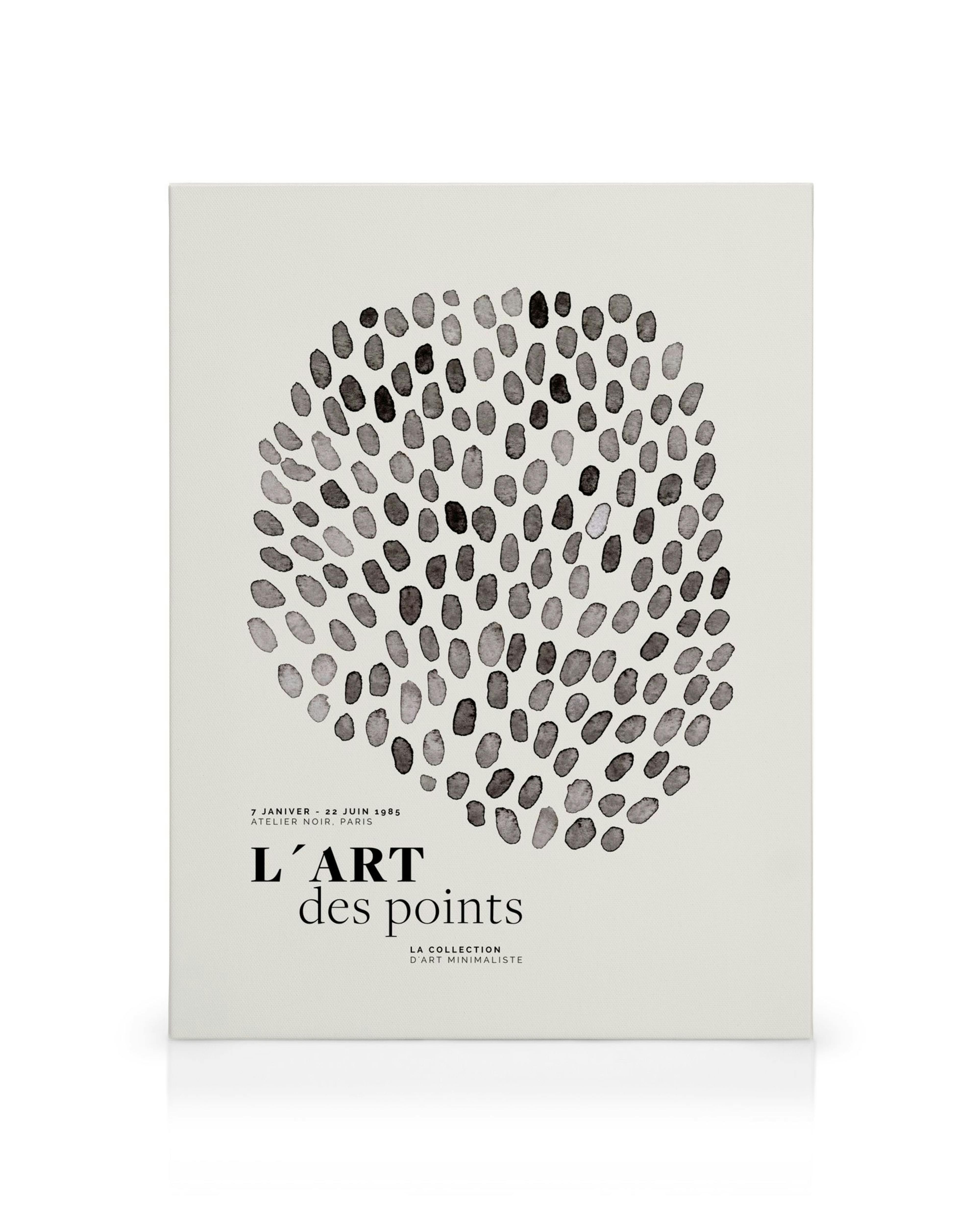 Stampa su tela con forme ovali nere che creano un grande cerchio su sfondo bianco e testo francese.