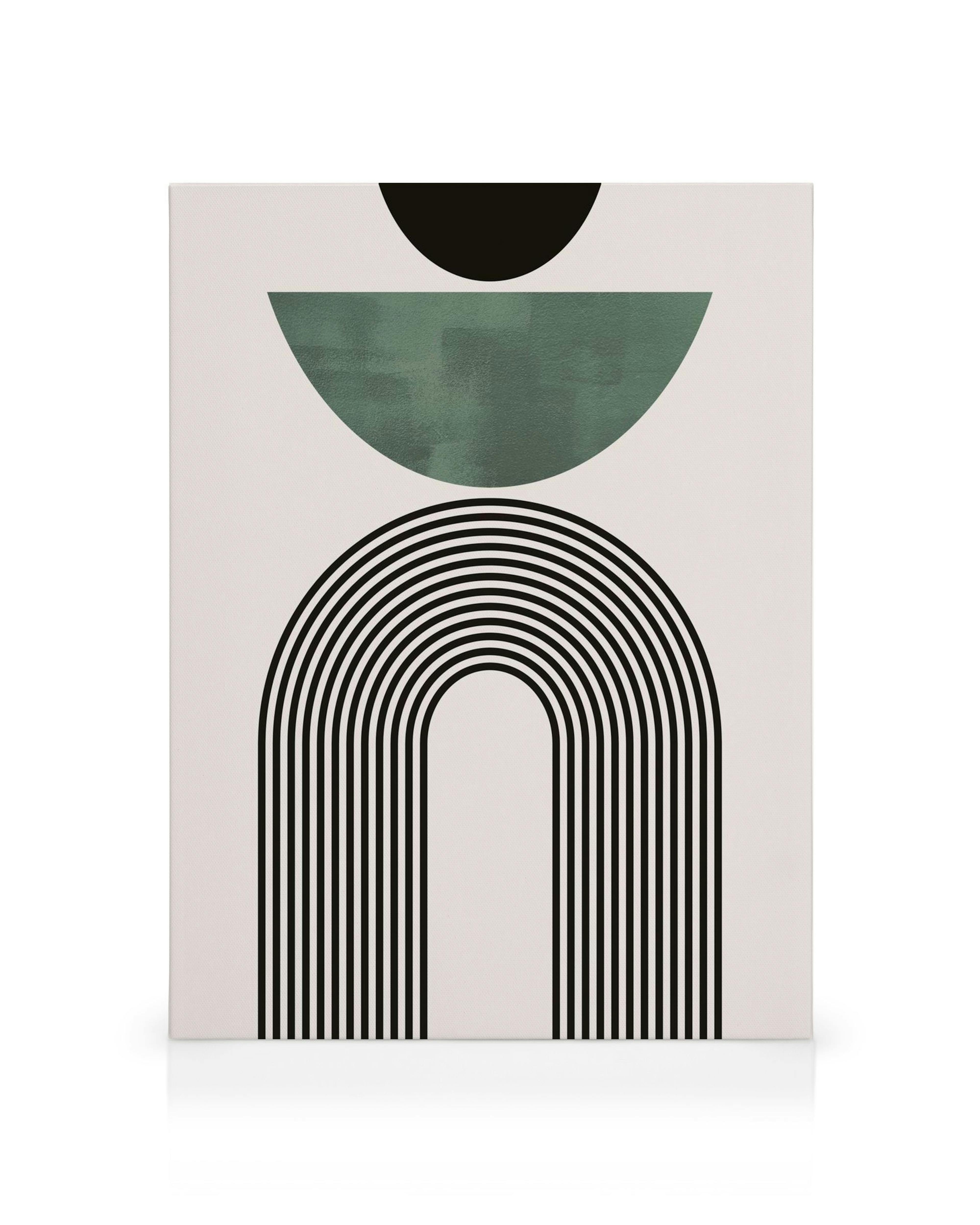 Toile géométrique moderne vert avec un cercle noir, un demi-cercle vert foncé et une arche rayée noire sur fond clair.