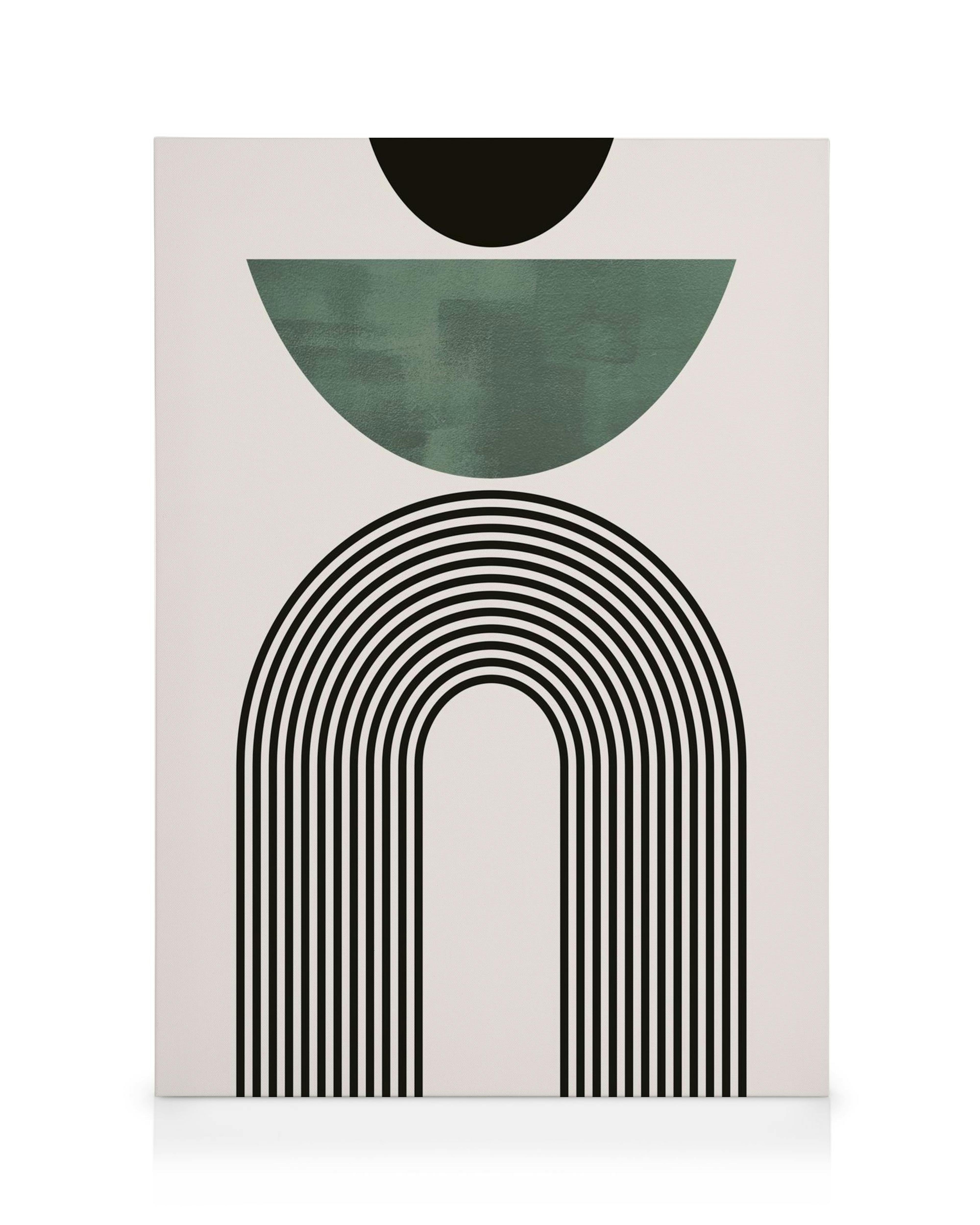 Mid-century geometric canvas print with black circle, green half-circle, and radiating black arches on light gray.