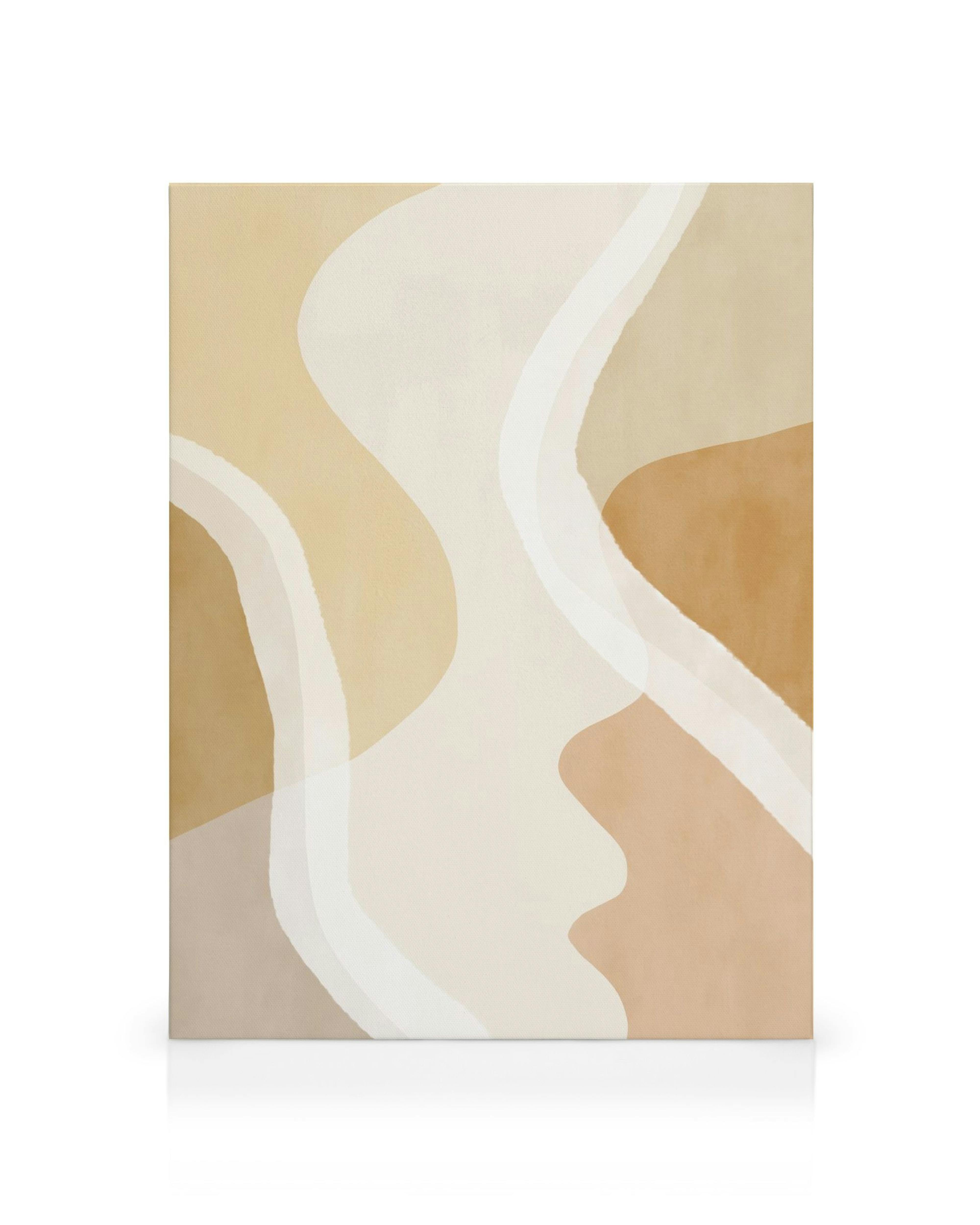 Abstraktný obraz na plátne so žltými, béžovými a bielymi vlnitými tvarmi, moderné umenie.