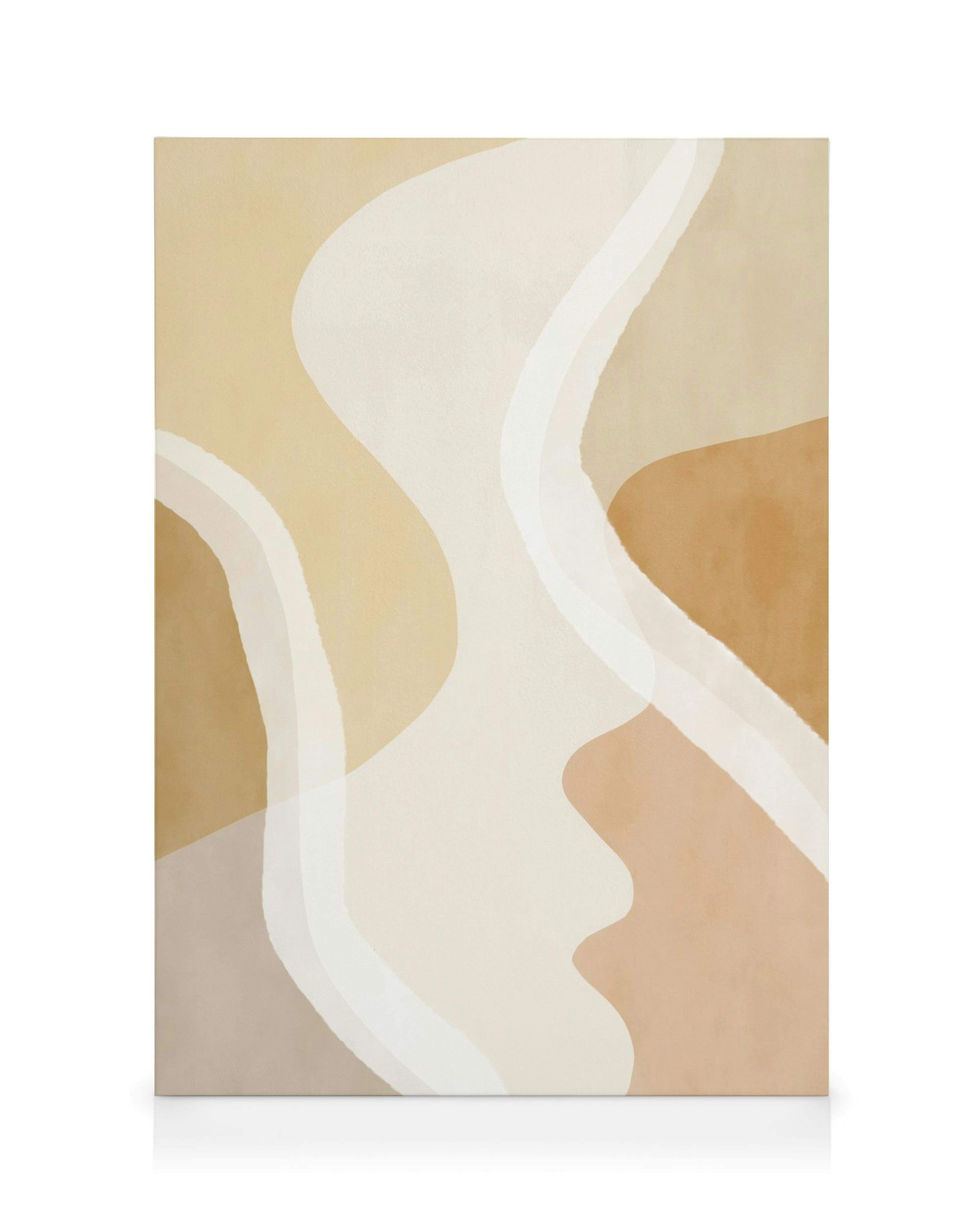 Tela decorativa com formas abstratas onduladas em tons de bege, marrom e branco, arte moderna e calmante.