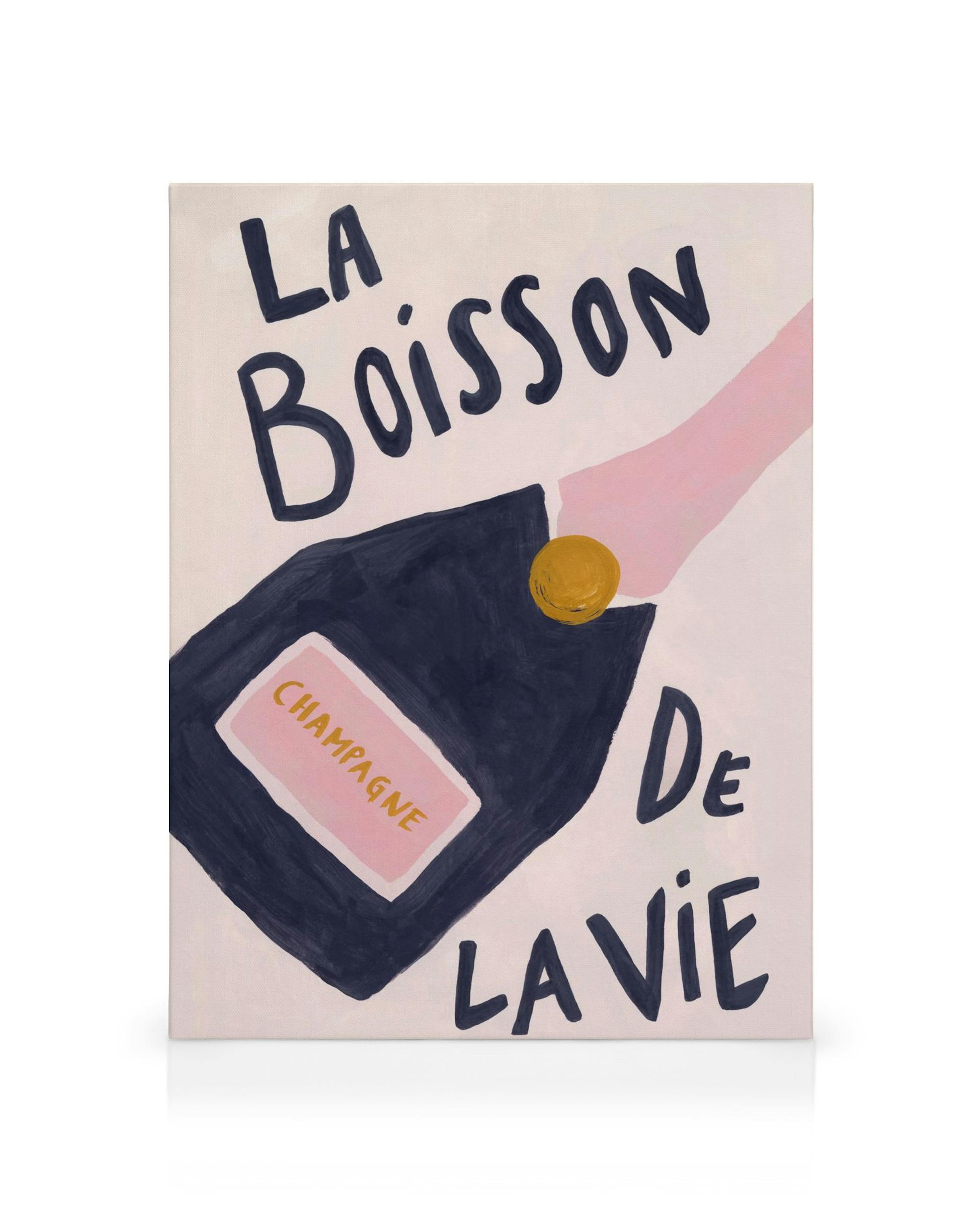 Käsinmaalattu vaaleanpunainen ja violetti samppanjapullokanvaasi, jossa violetti teksti La Boisson de la vie.