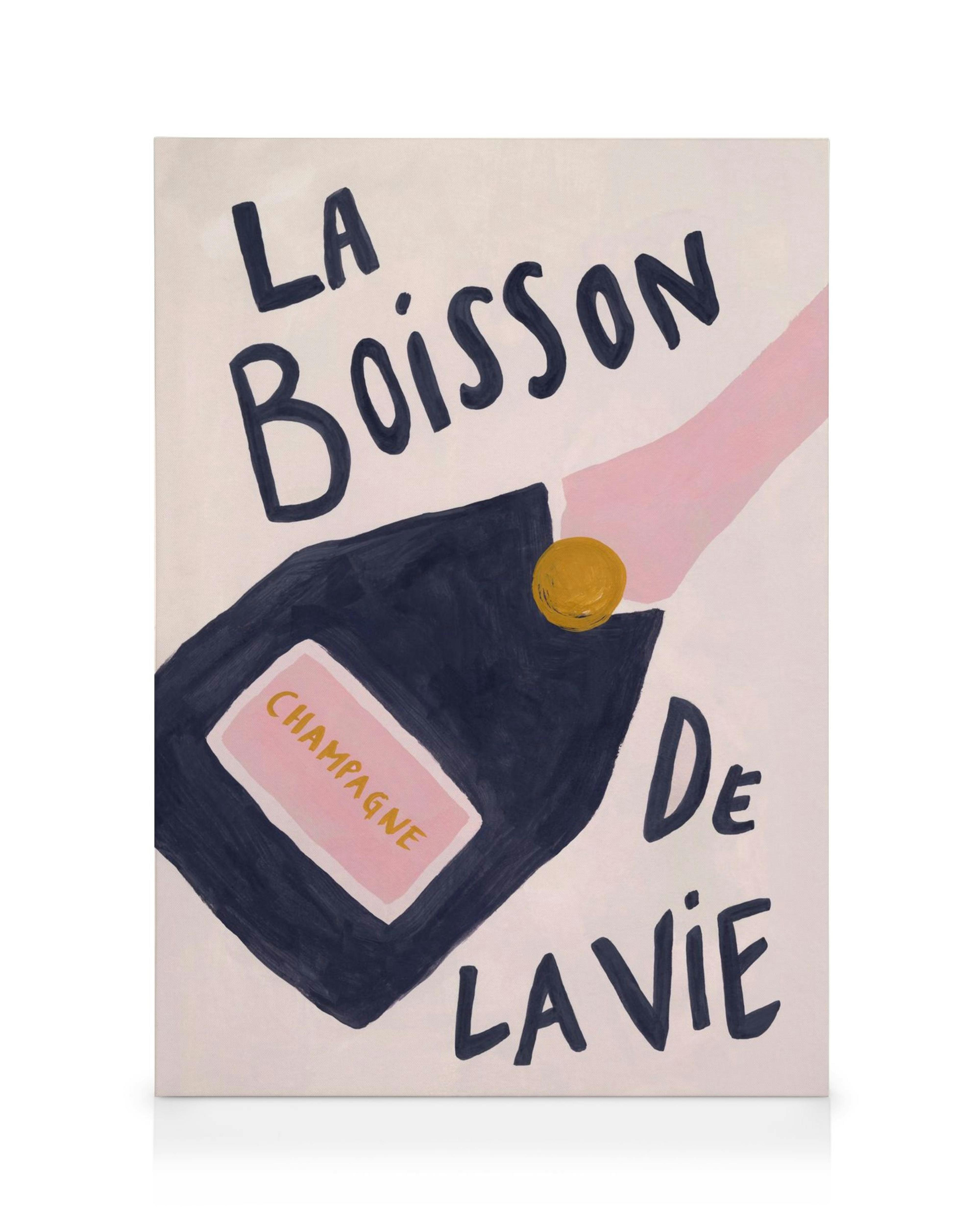 Lærred med lyserød, lilla champagneflaske, guldprop, teksten La Boisson de la Vie, på lyserød baggrund