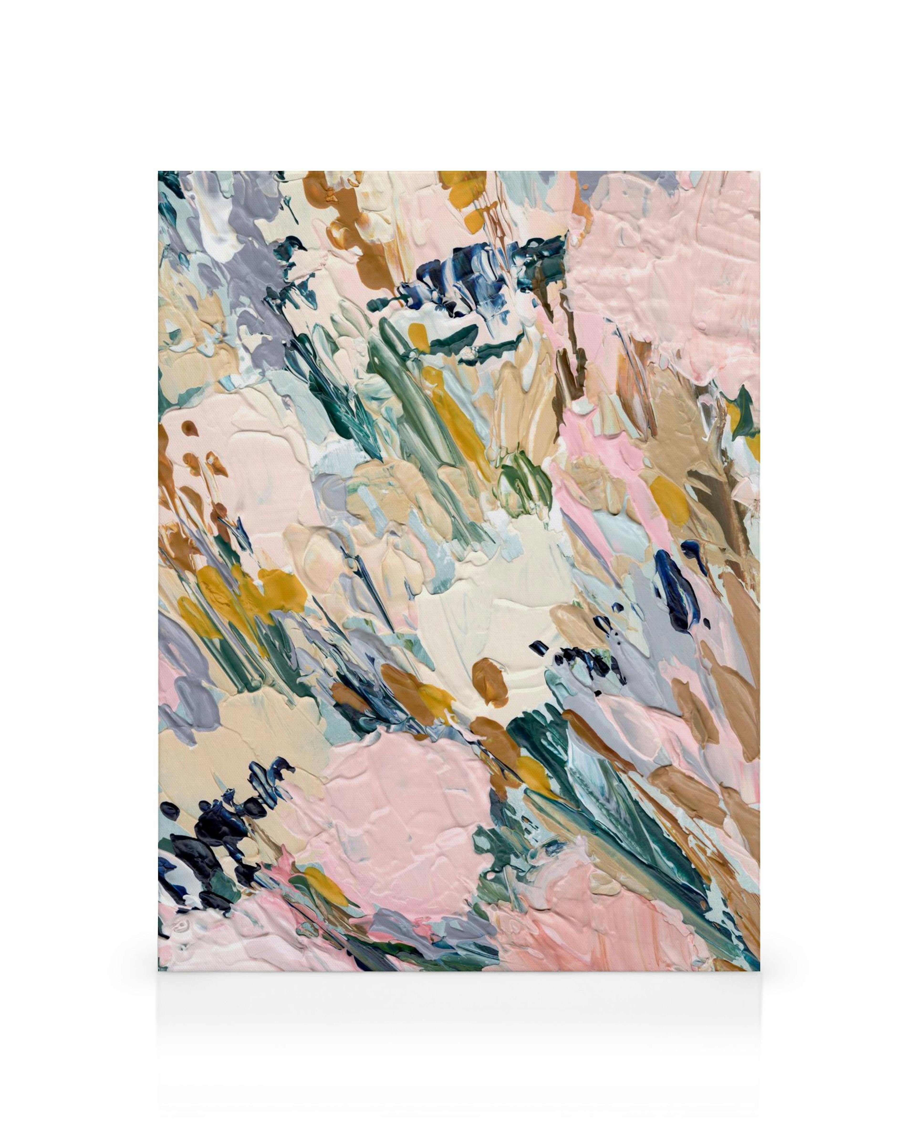 Prairie Rose abstract canvas print with thick, textural brushstrokes in pastel pink, green, gold, and blue.
