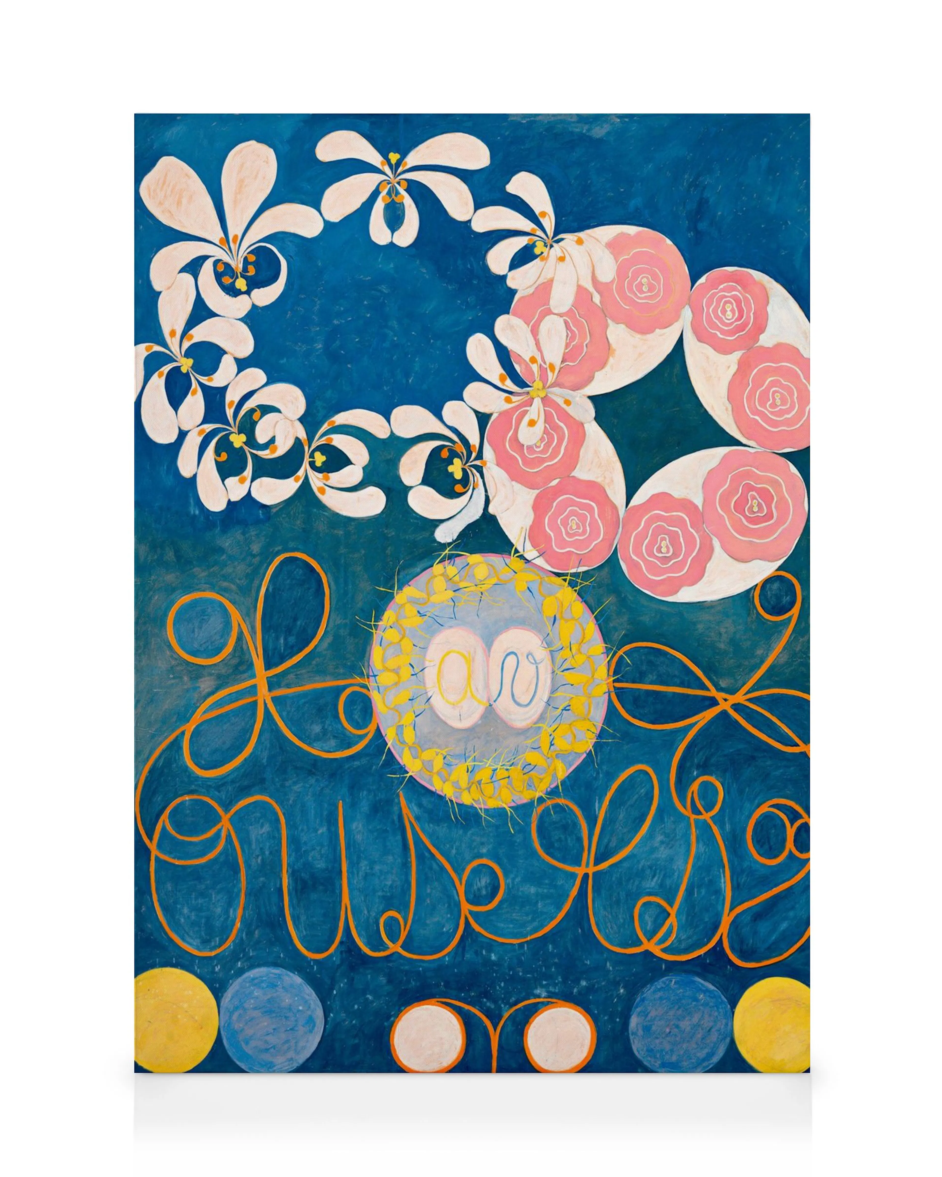 Hilma af Klints abstract art canvas, The Ten Largest, No. 1, Childhood. Features organic shapes and symbolic colors.