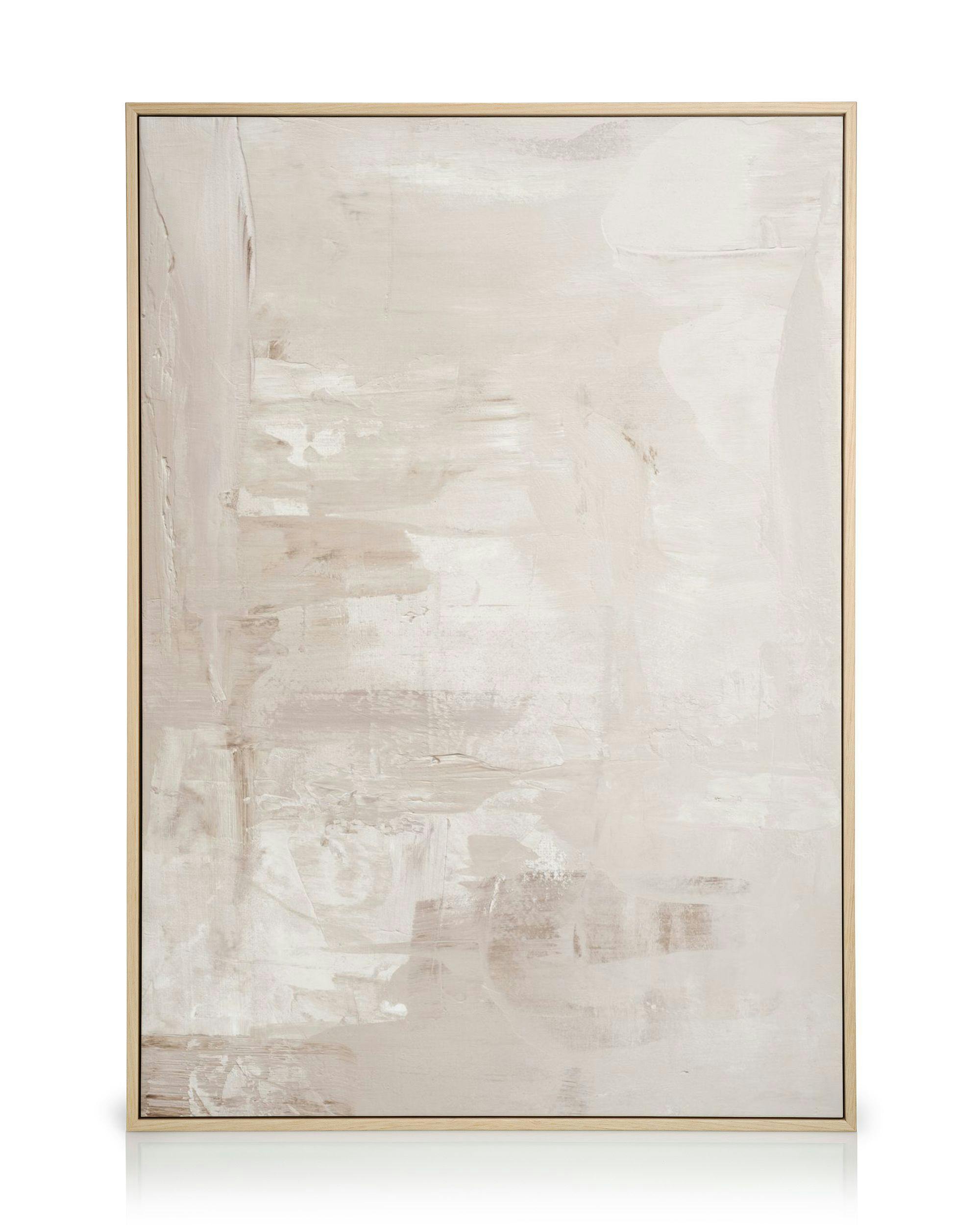 Abstrakt akrylmålning i neutrala nyanser av beige och vitt med texturerade penseldrag.