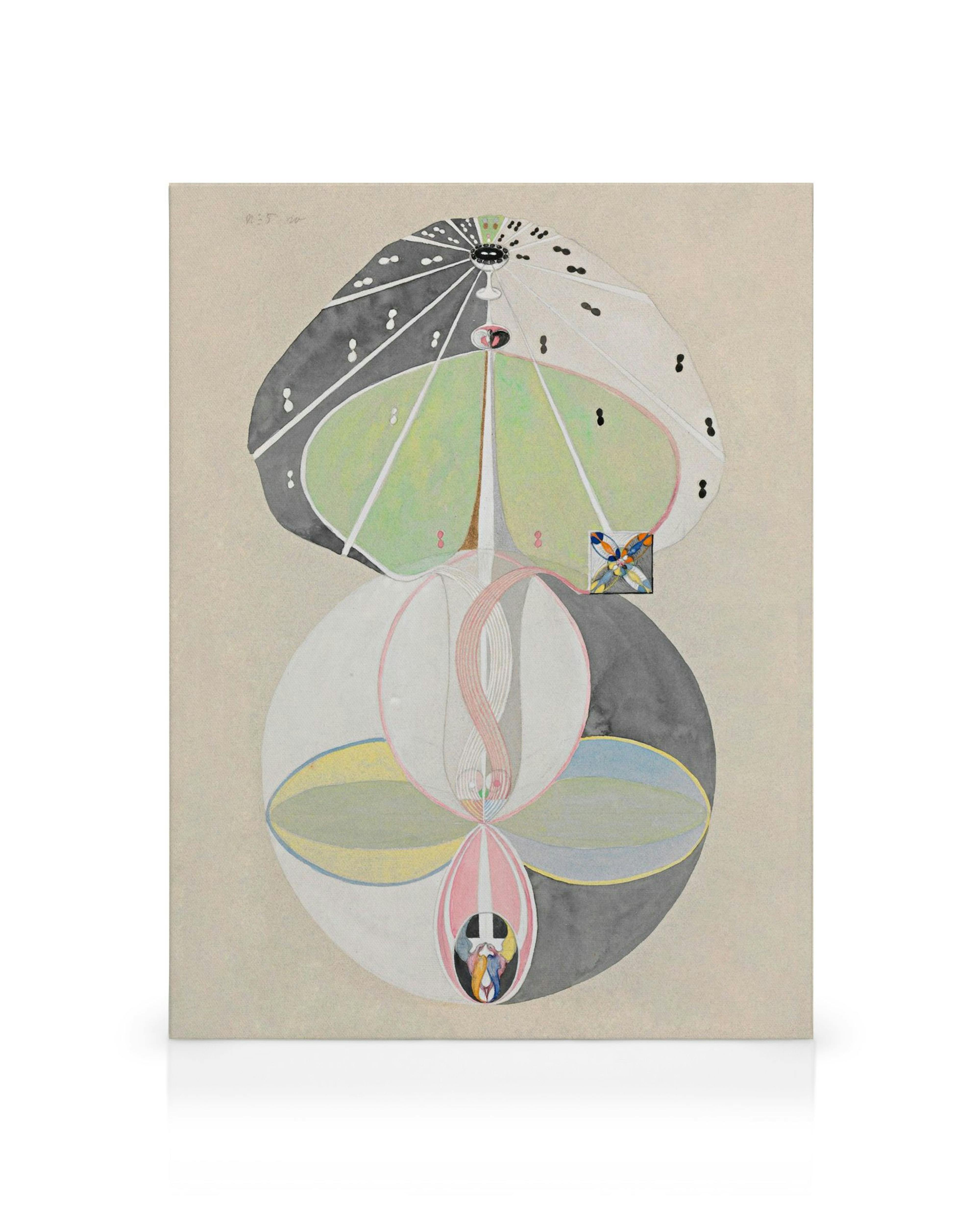 Hilma af Klints Tree of Knowledge, No. 5 canvas med stiliserade geometriska former i dämpade gula, vita, grå och röda nyanser på