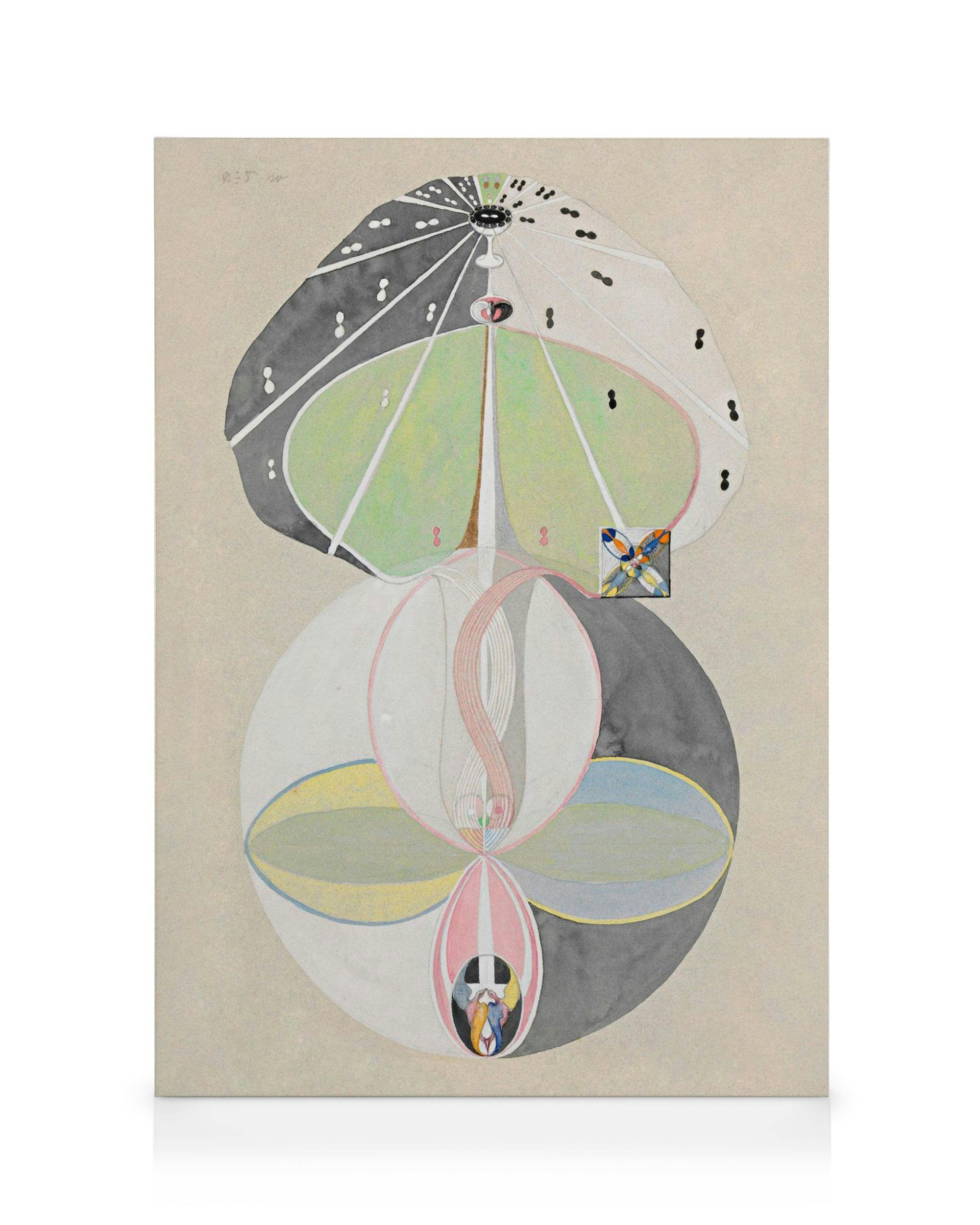 Obraz Hilma Af Klint, Tree of Knowledge, No. 5, abstraktné umenie s kruhmi, listami a geometrickými tvarmi v jemných farbách.