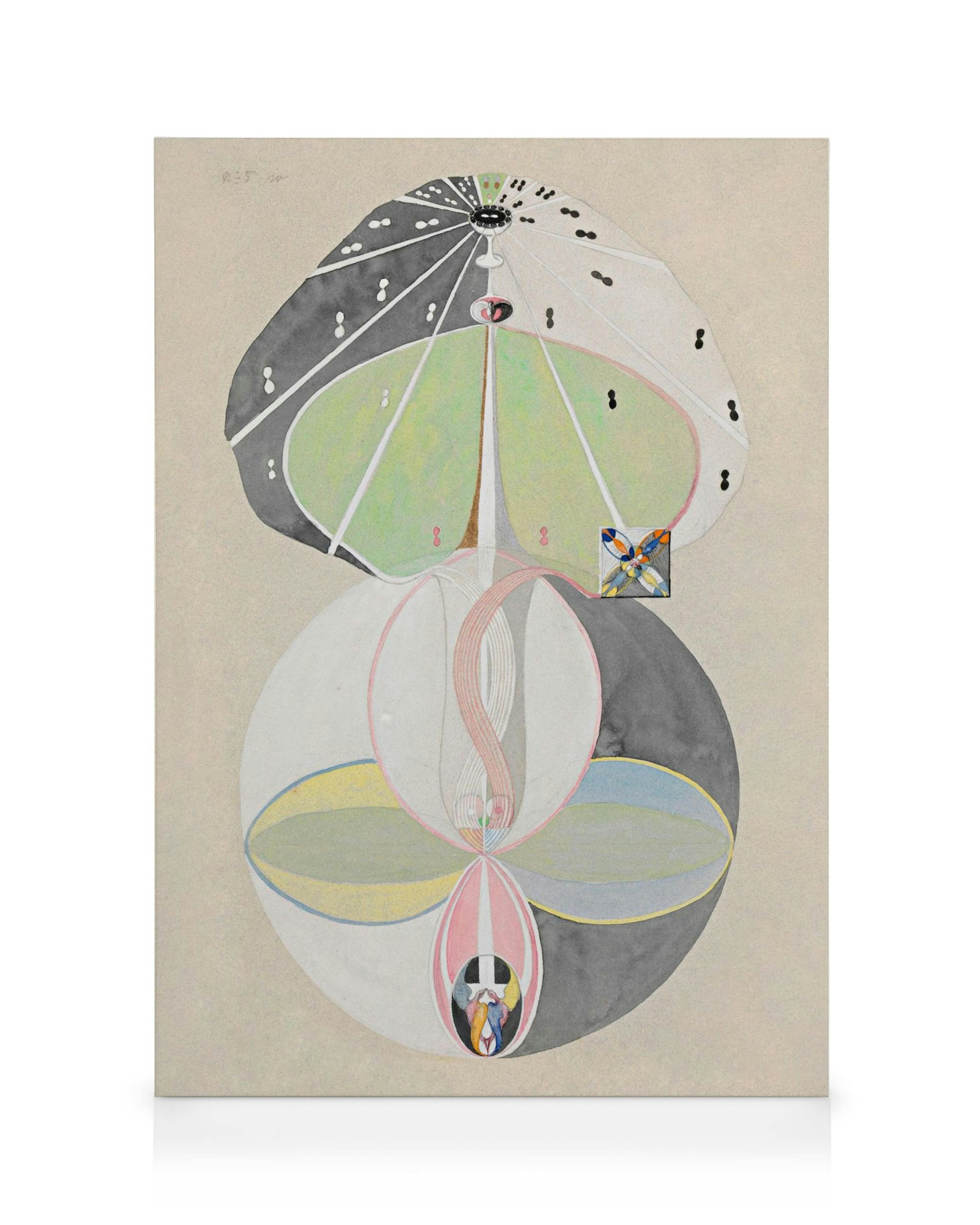 Obraz Hilma Af Klint, Tree of Knowledge, No. 5, abstraktné umenie s kruhmi, listami a geometrickými tvarmi v jemných farbách.