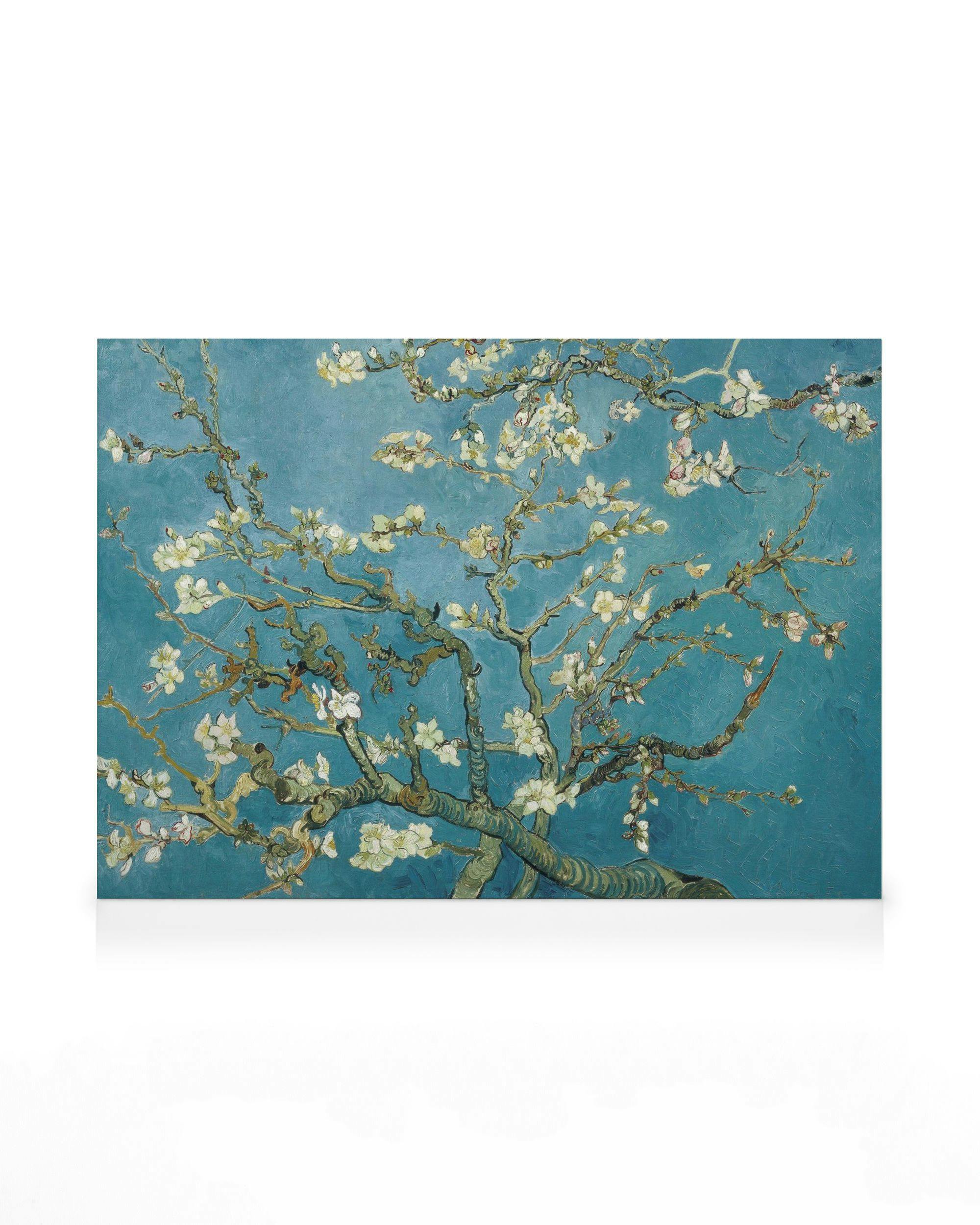 Van Gogh Almond Blossom canvas print, featuring a blossoming tree with white flowers against a teal sky. Nature art.