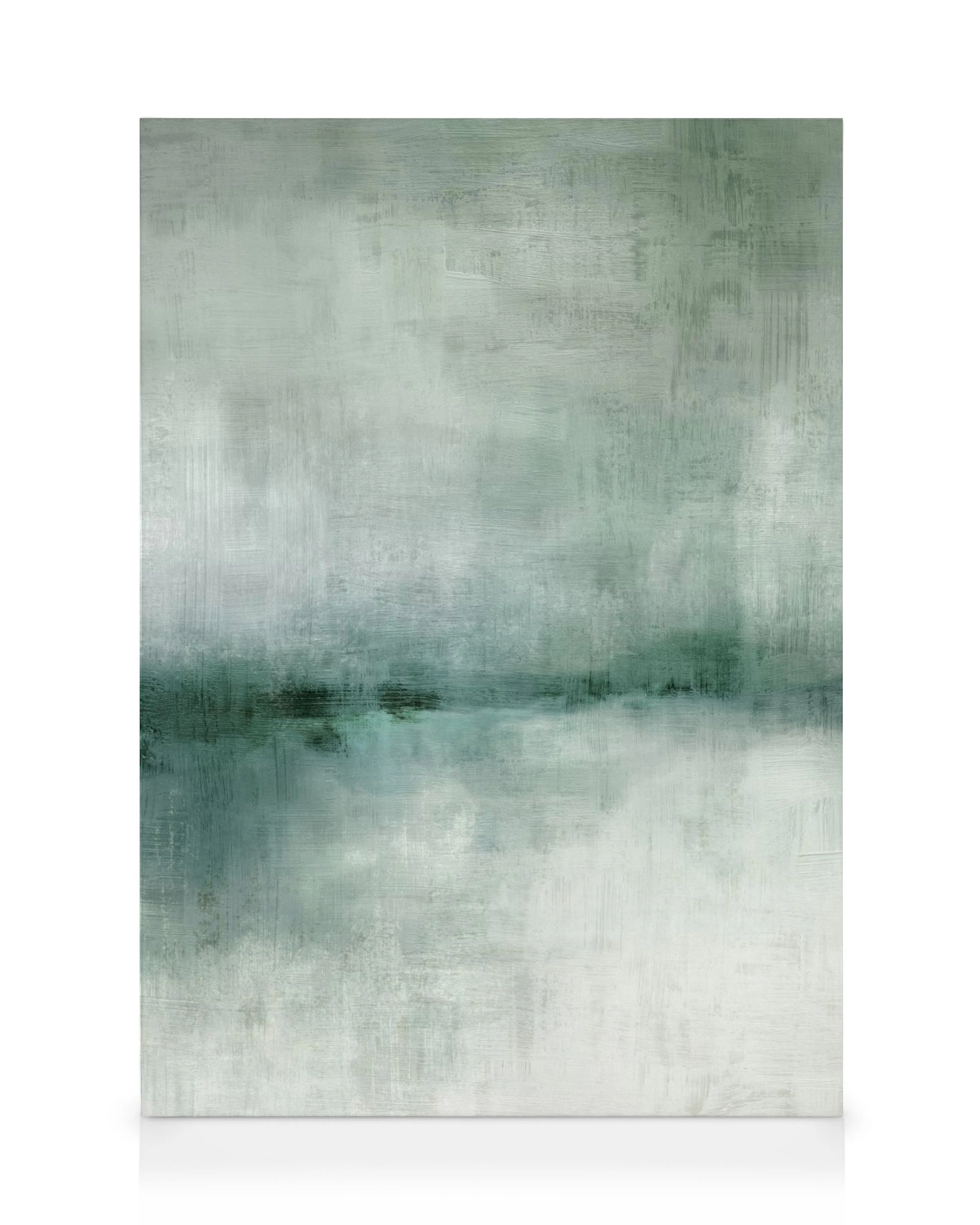 Abstrakte Landschaft in Grüntönen, Leinwandbild mit horizontalem, dunklem Grünband auf hellem Hintergrund.