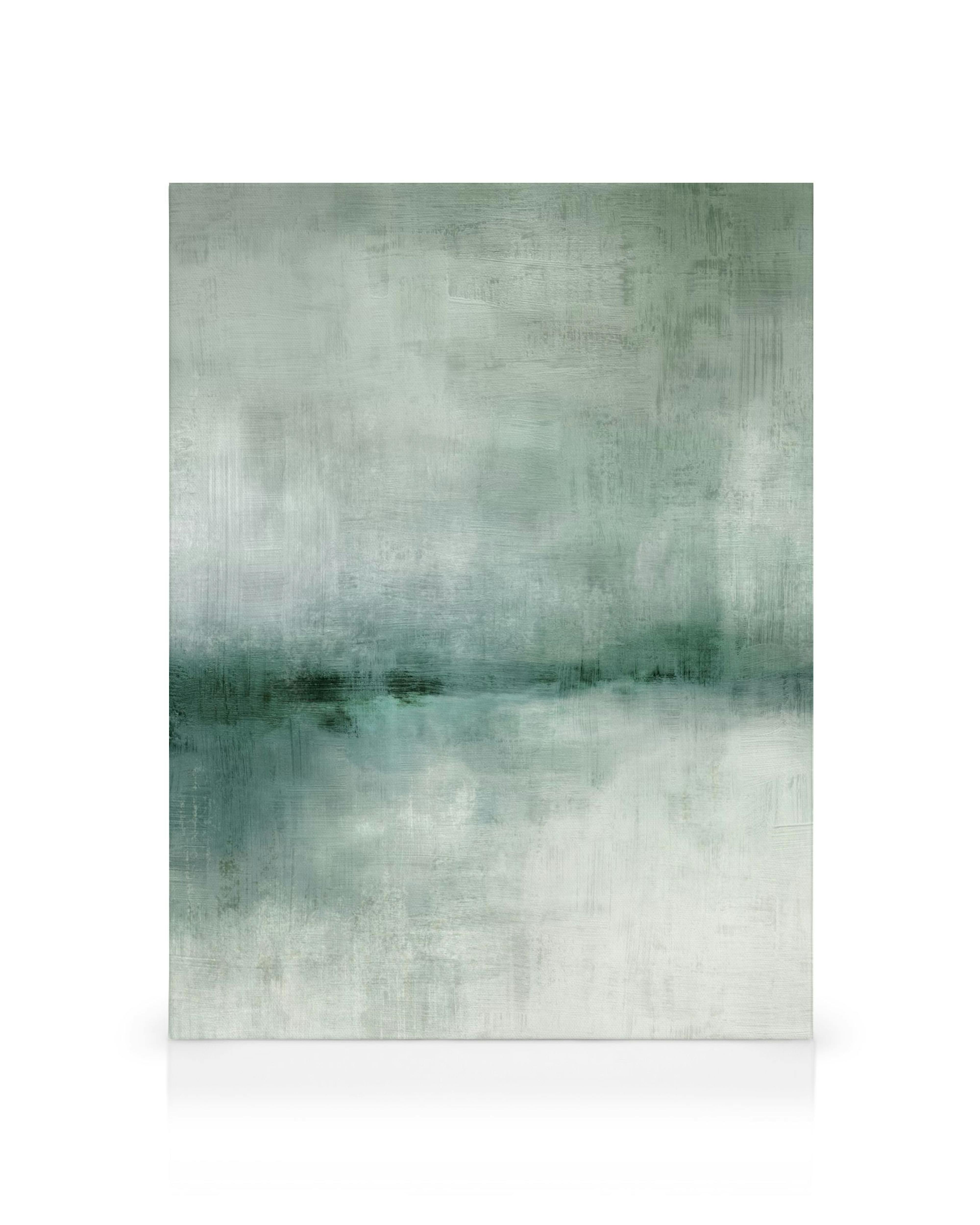 Tela abstrata com tons de branco, cinza e verde-claro, com uma faixa horizontal escura no centro. Cenário onírico.