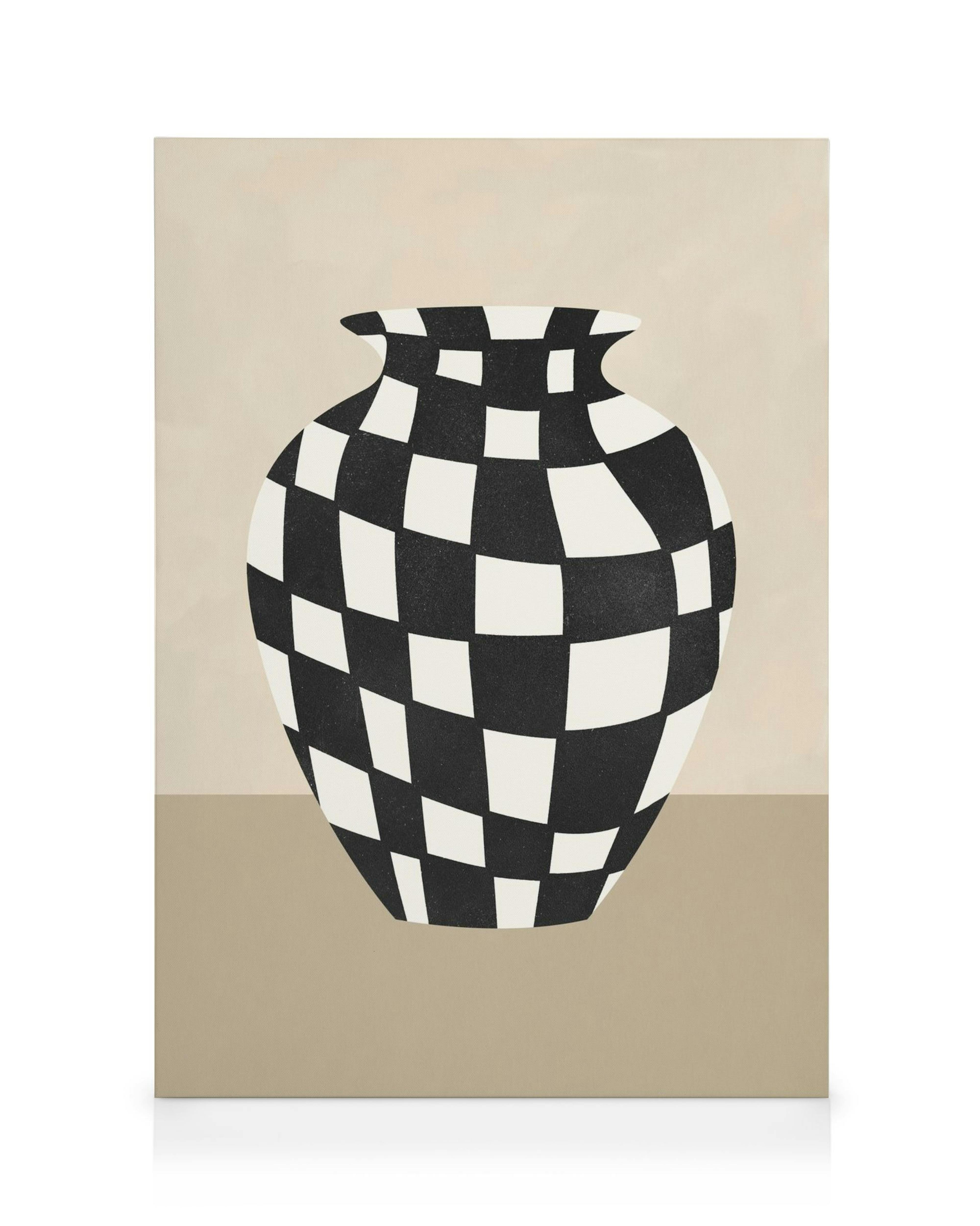 Black and white checkered vase on a beige background, graphical canvas print