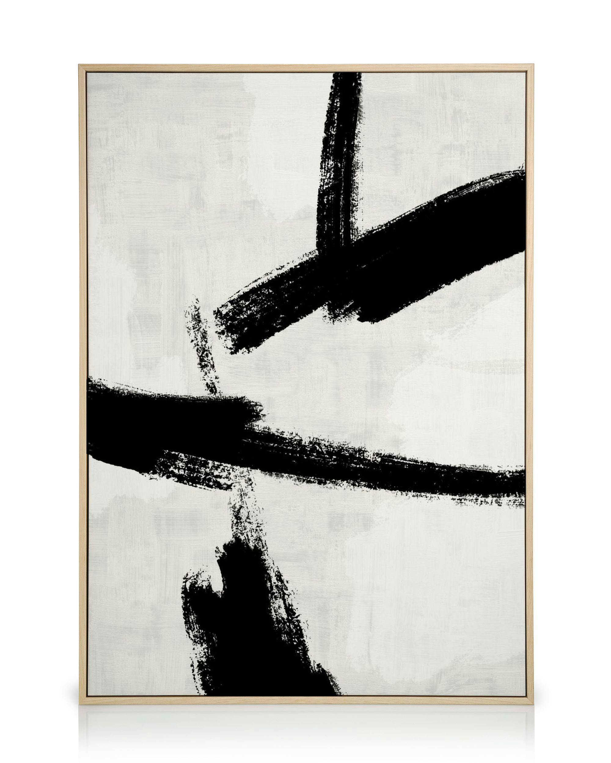 Tela abstrata com pinceladas pretas de tinta densa sobre fundo branco, criando tons de cinza e textura expressiva.