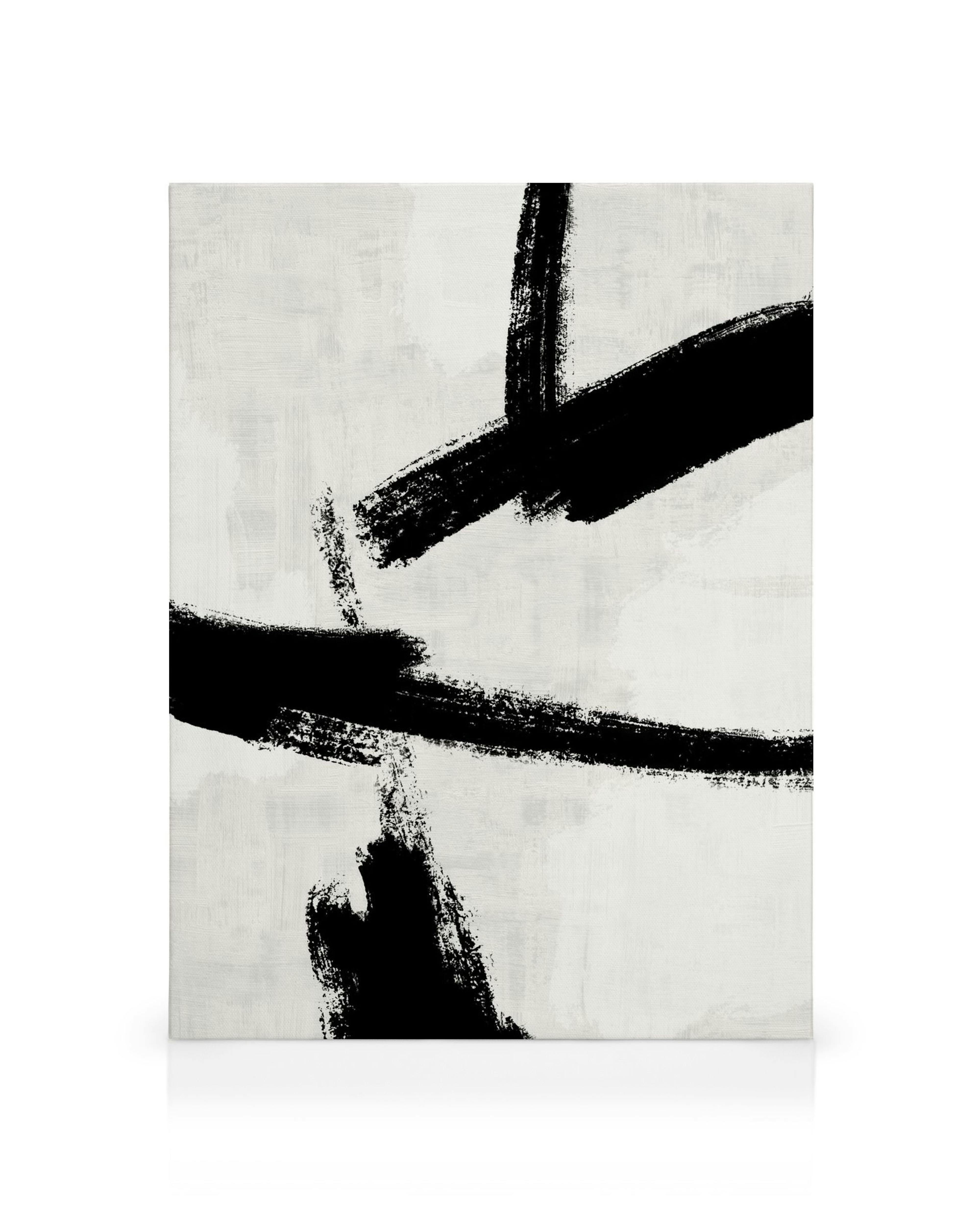 Black brush strokes on a white canvas, varying in thickness with rough edges and grey shades, creating a striking modern art pie