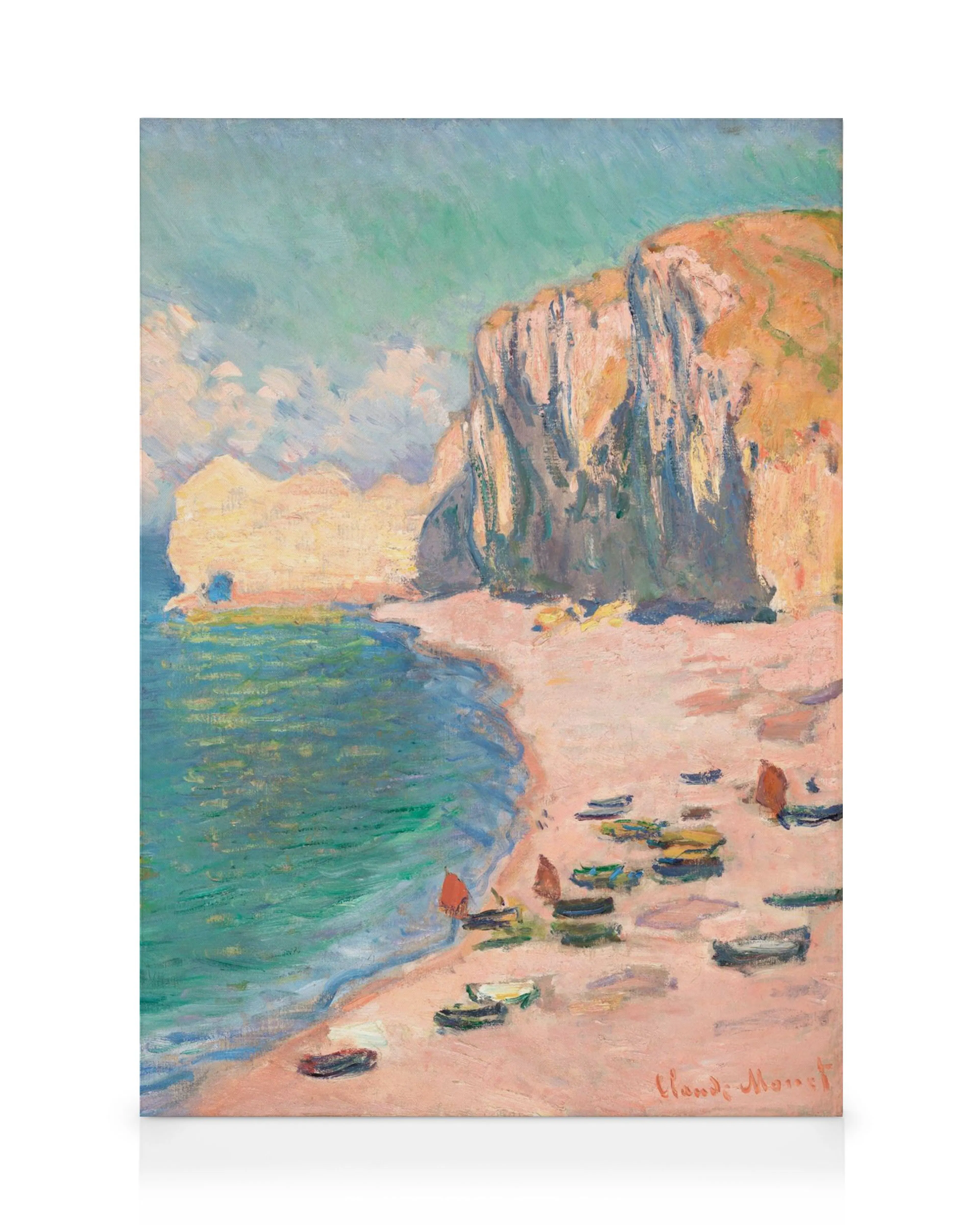 Lienzo de Monet, botes en playa con acantilados coloridos y agua azul-verde, impresión artística paisajística.