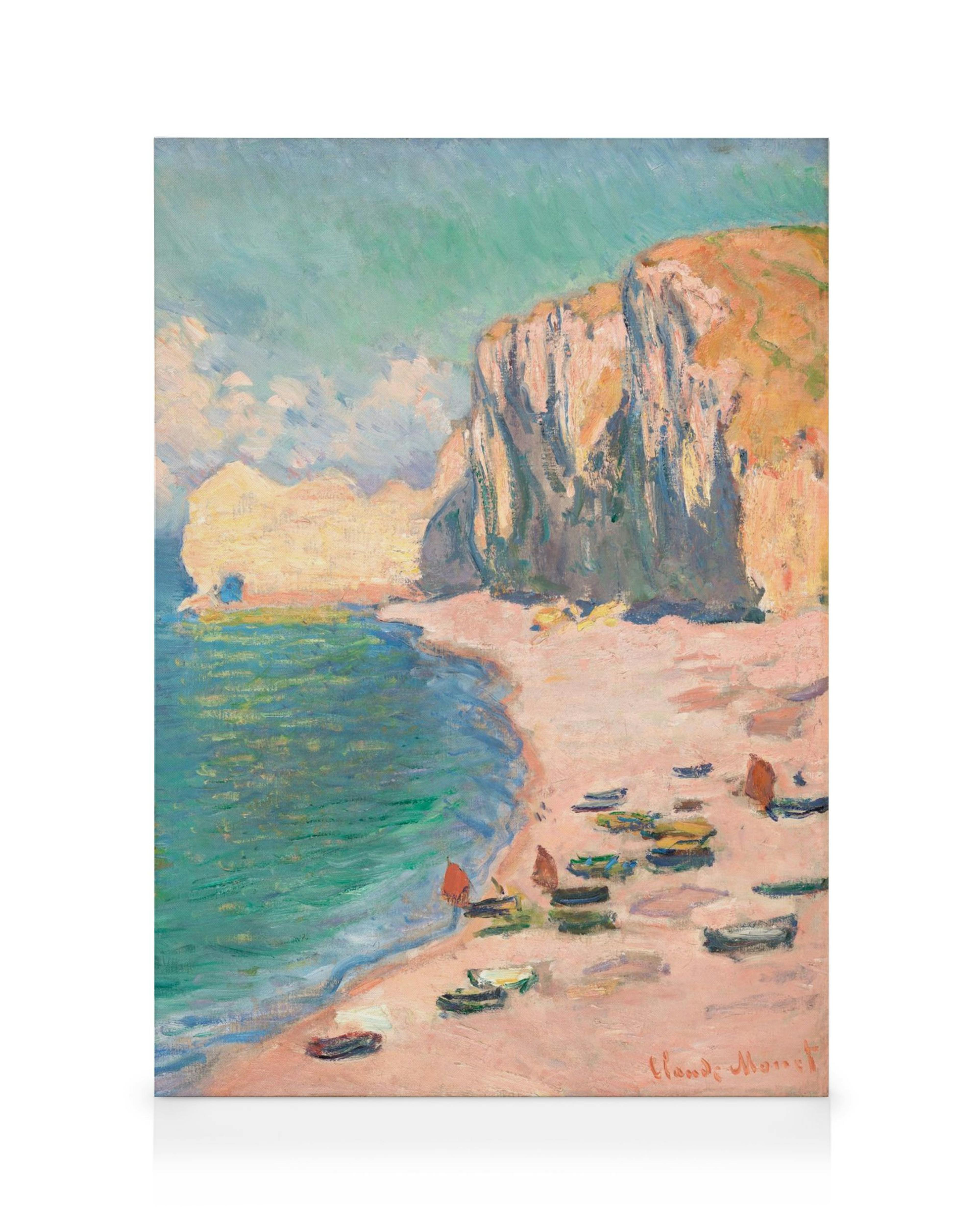 Monets Étretat beach painting, featuring a sandy shore, turquoise ocean, and imposing cliffs under a cloudy sky.
