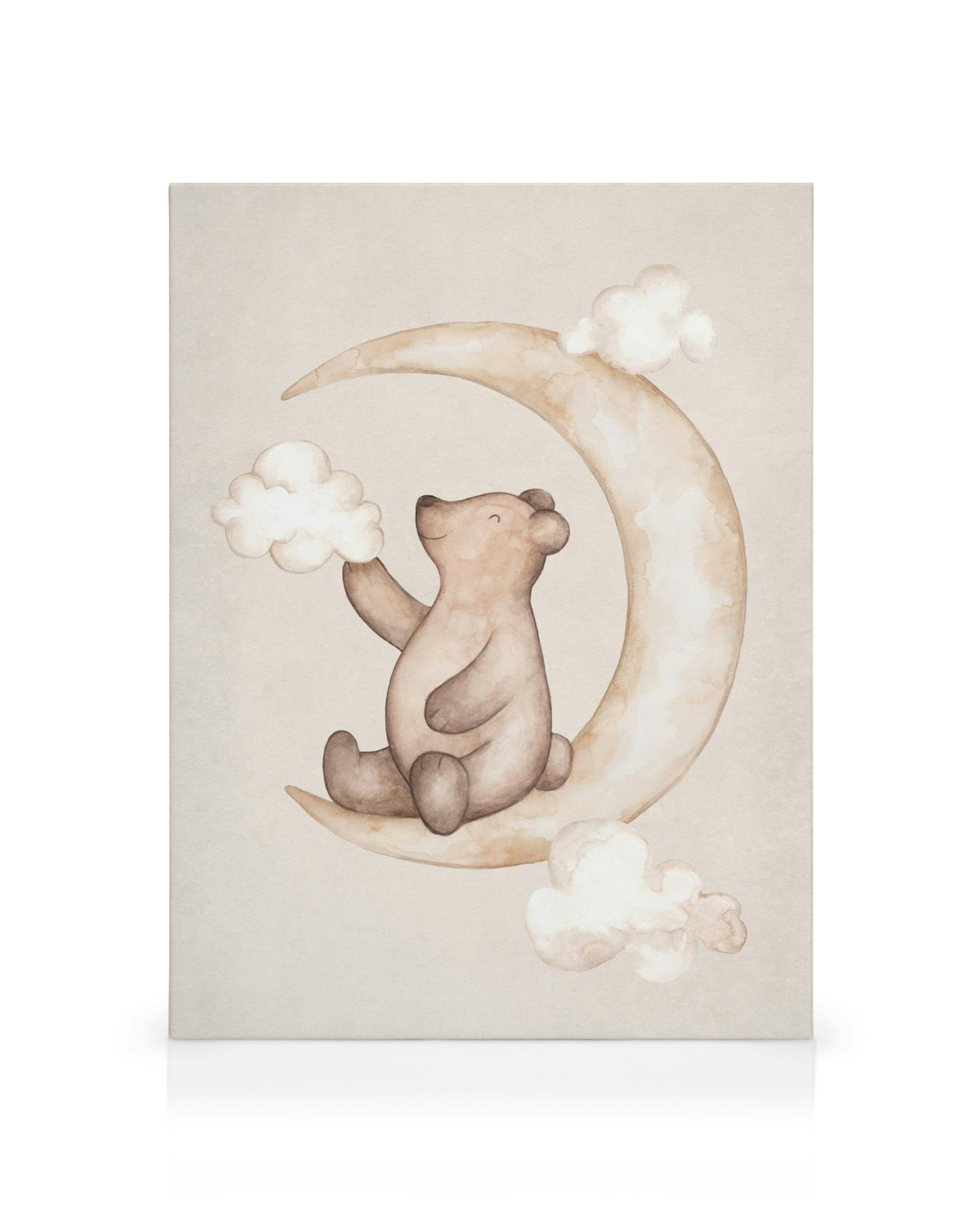 Watercolour illustration of a smiling bear on a crescent moon, surrounded by fluffy white clouds against a textured beige backgr