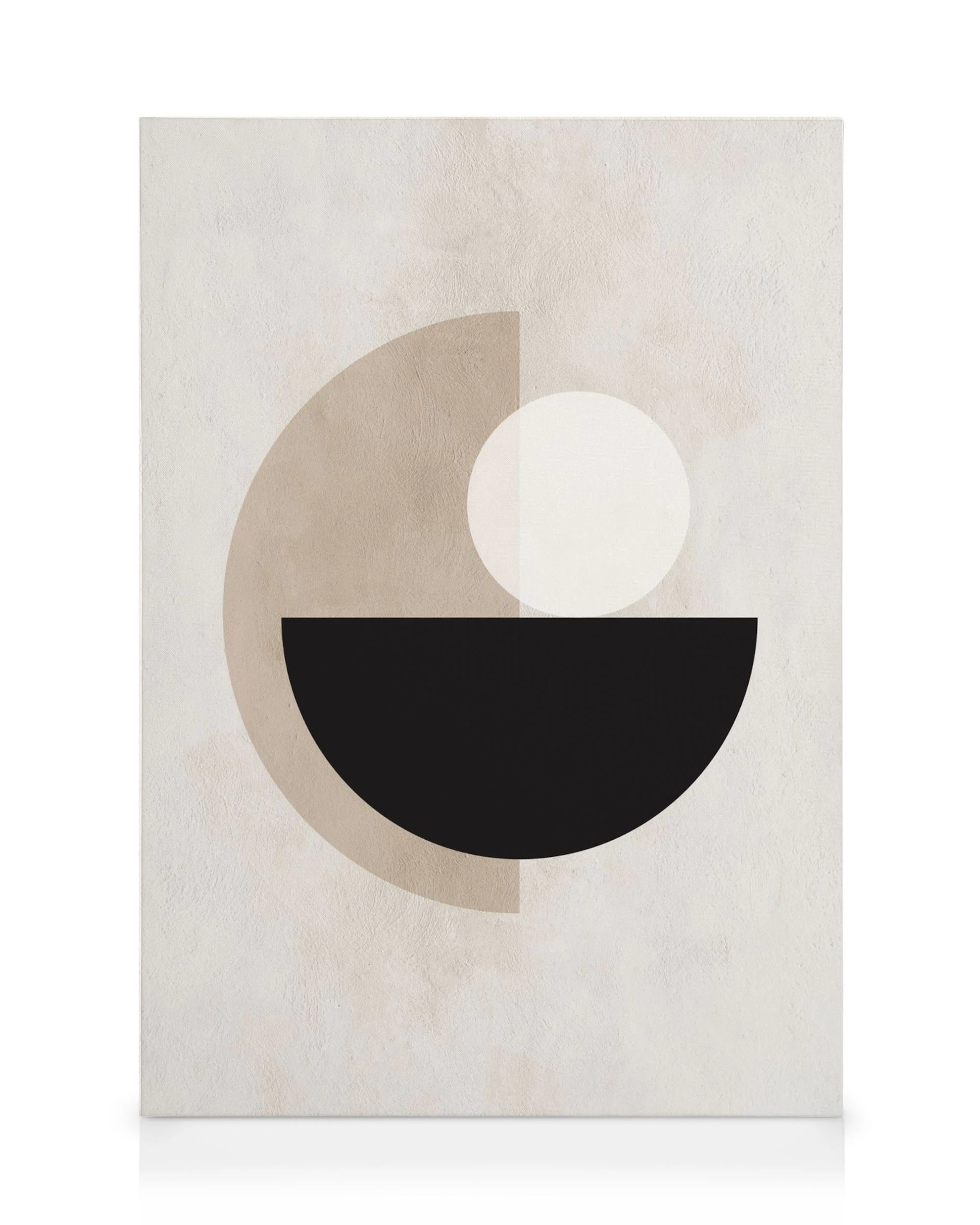 Abstrakt canvastavla med beiga, svarta och vita halvcirklar som överlappar varandra på en texturerad beige bakgrund.