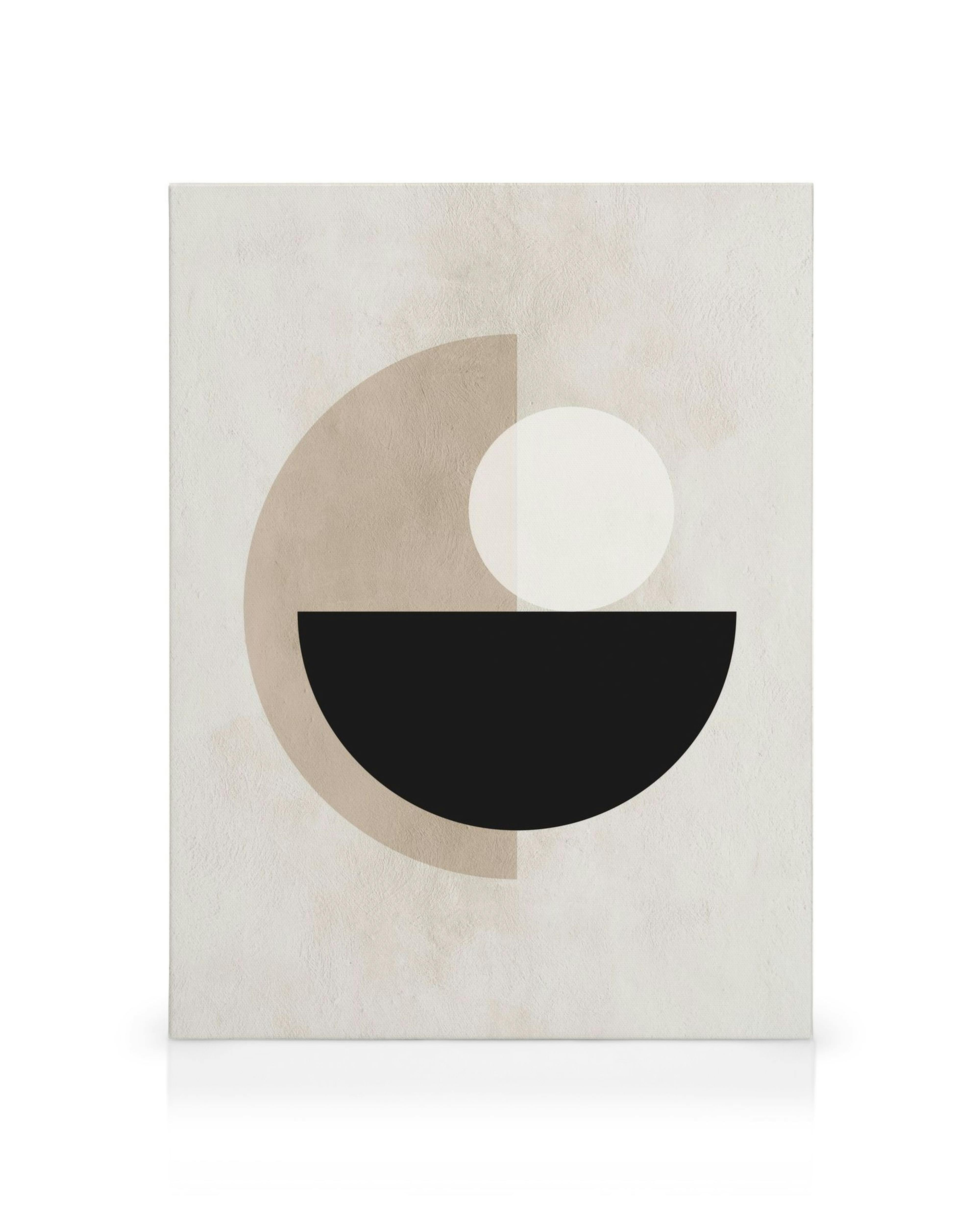 Modern abstract canvas print with overlapping semi-circles in beige, black, and white on a textured background.