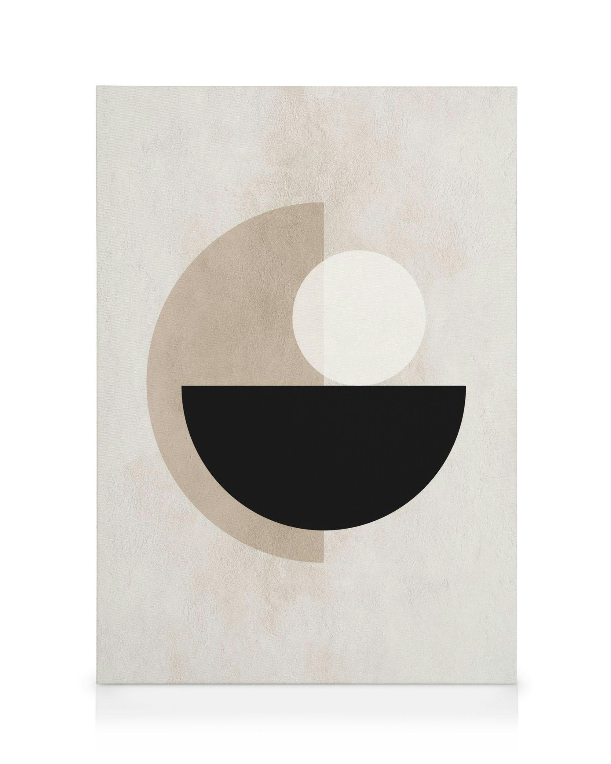 Modern abstract canvas print with overlapping semi-circles in beige, black, and white on a textured background.