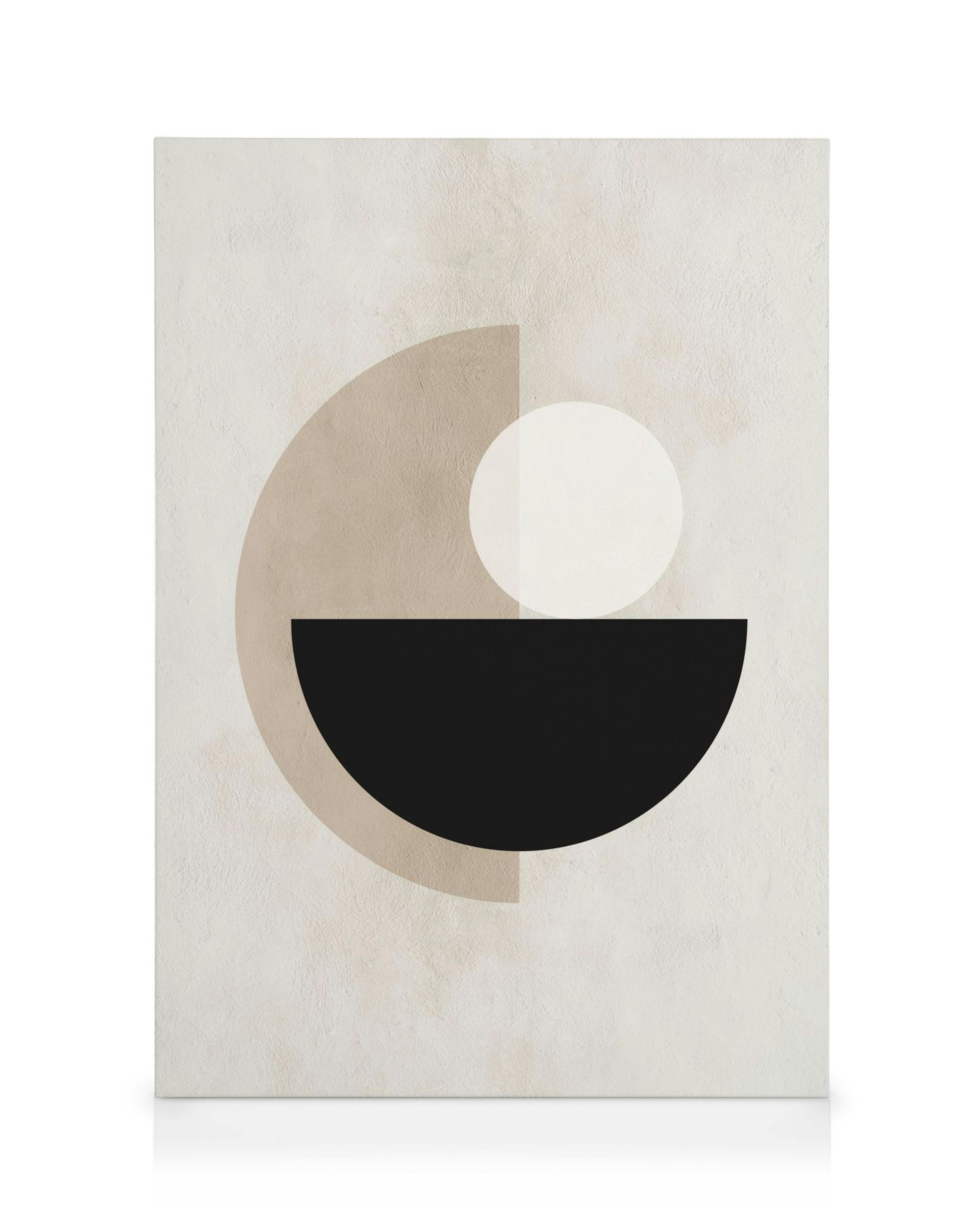 Modern abstract canvas print with overlapping semi-circles in beige, black, and white on a textured background.