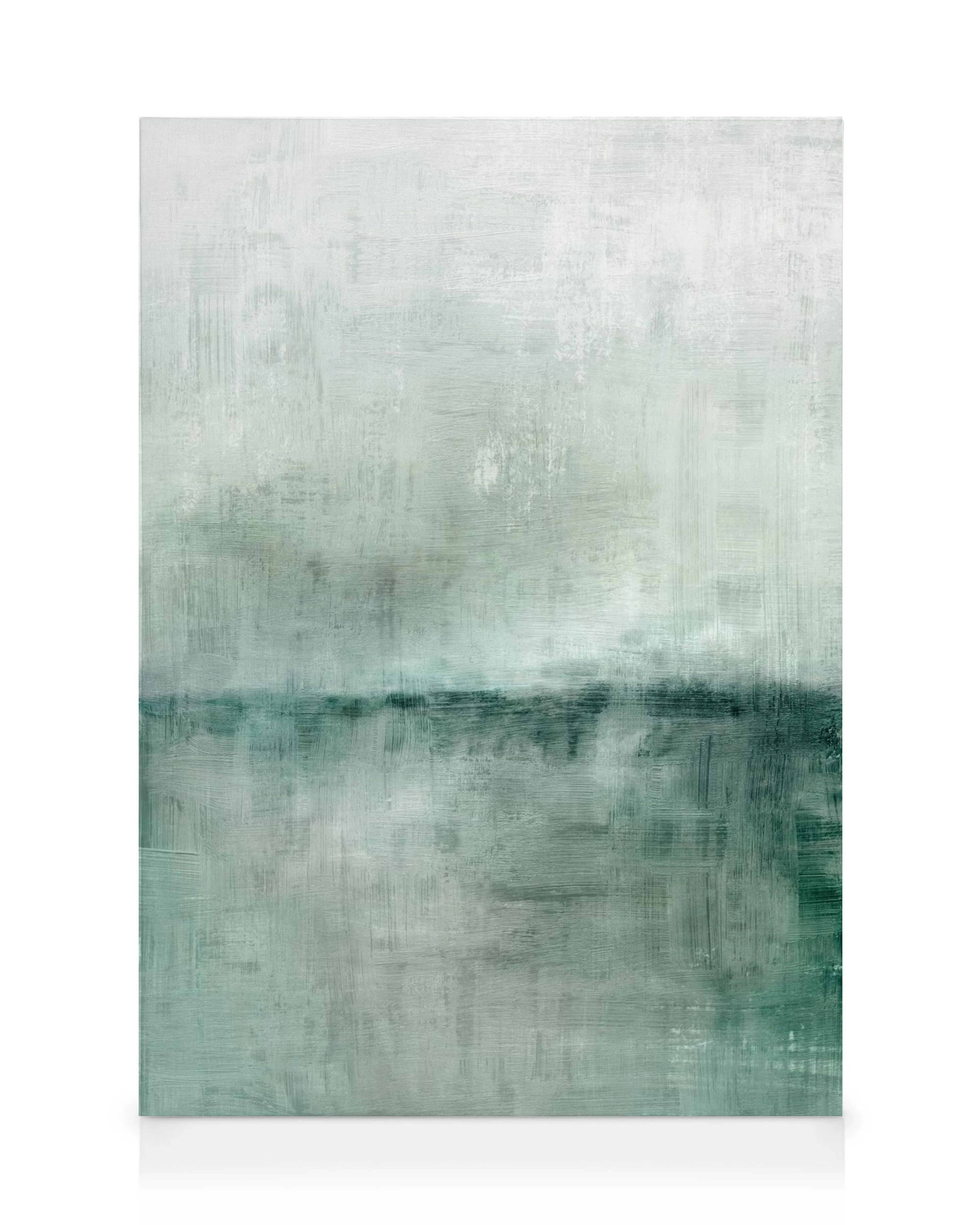 Lienzo abstracto de paisaje en tonos de blanco, verde oscuro y negro, con textura rugosa y pinceladas audaces.