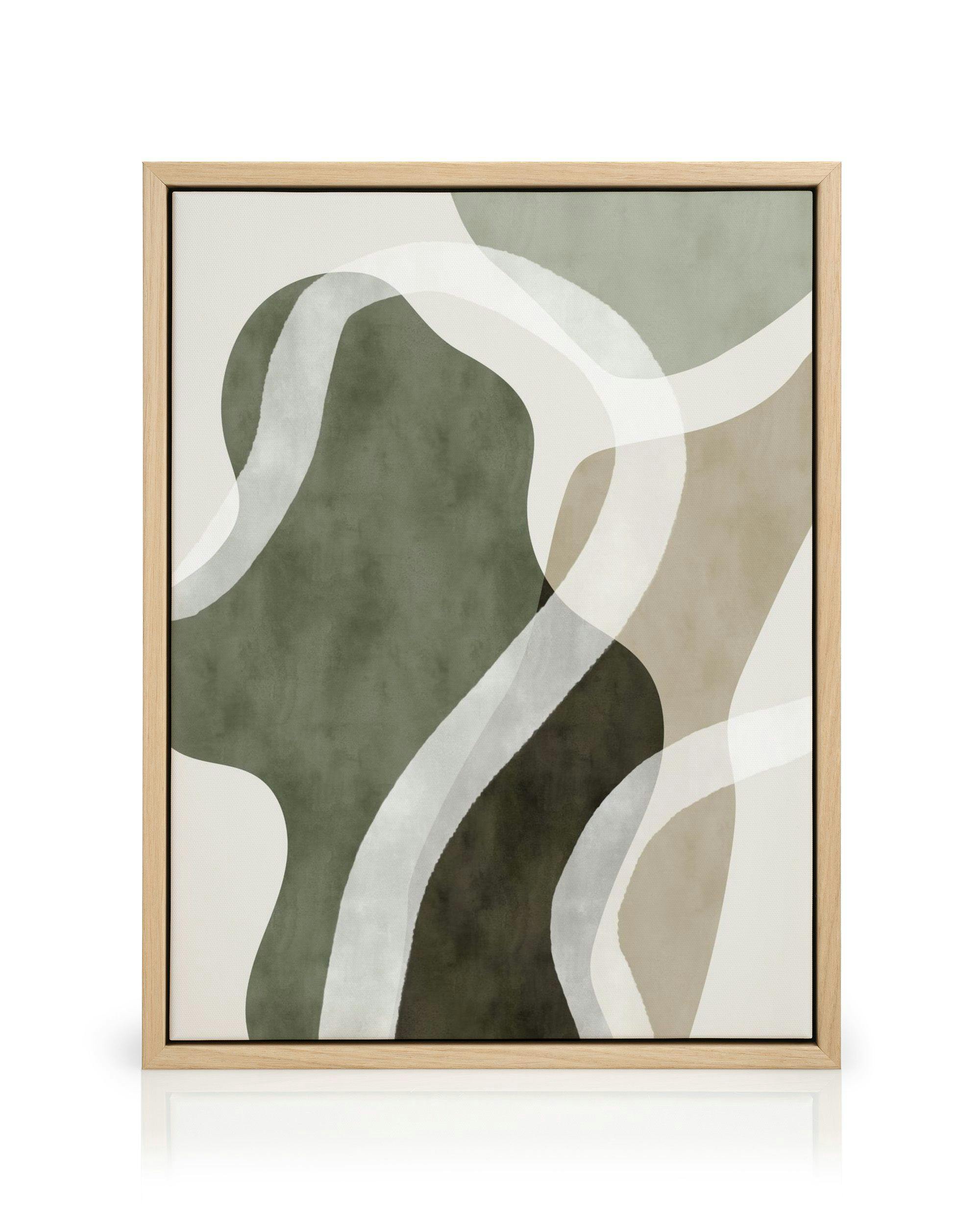 Stampa su tela con forme verdi, beige e marroni e linee ondulate bianche su sfondo crema. Arte moderna.