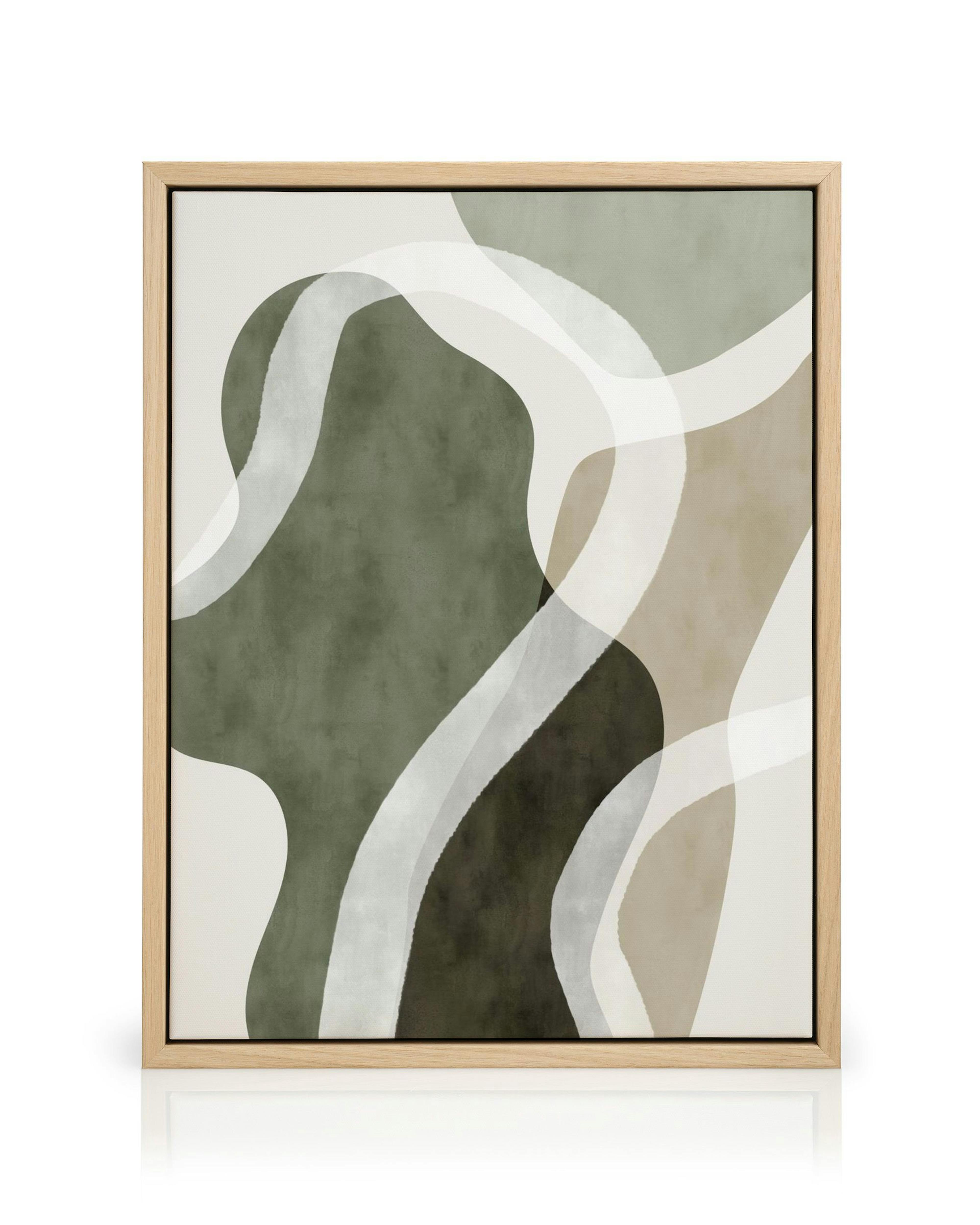 Stampa su tela con forme verdi, beige e marroni e linee ondulate bianche su sfondo crema. Arte moderna.