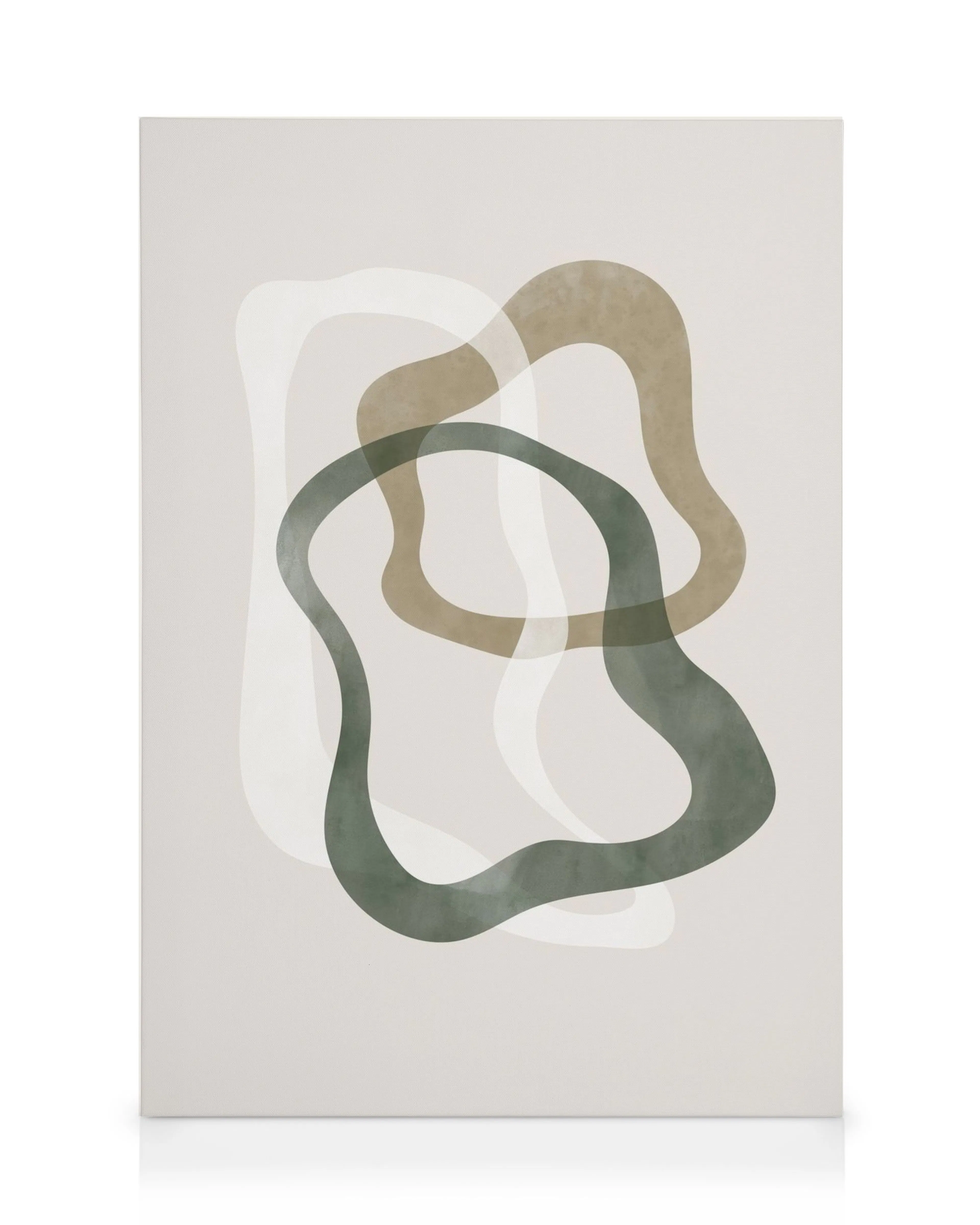 Abstract canvas met overlappende witte, bruine en groene organische vormen op een beige achtergrond.